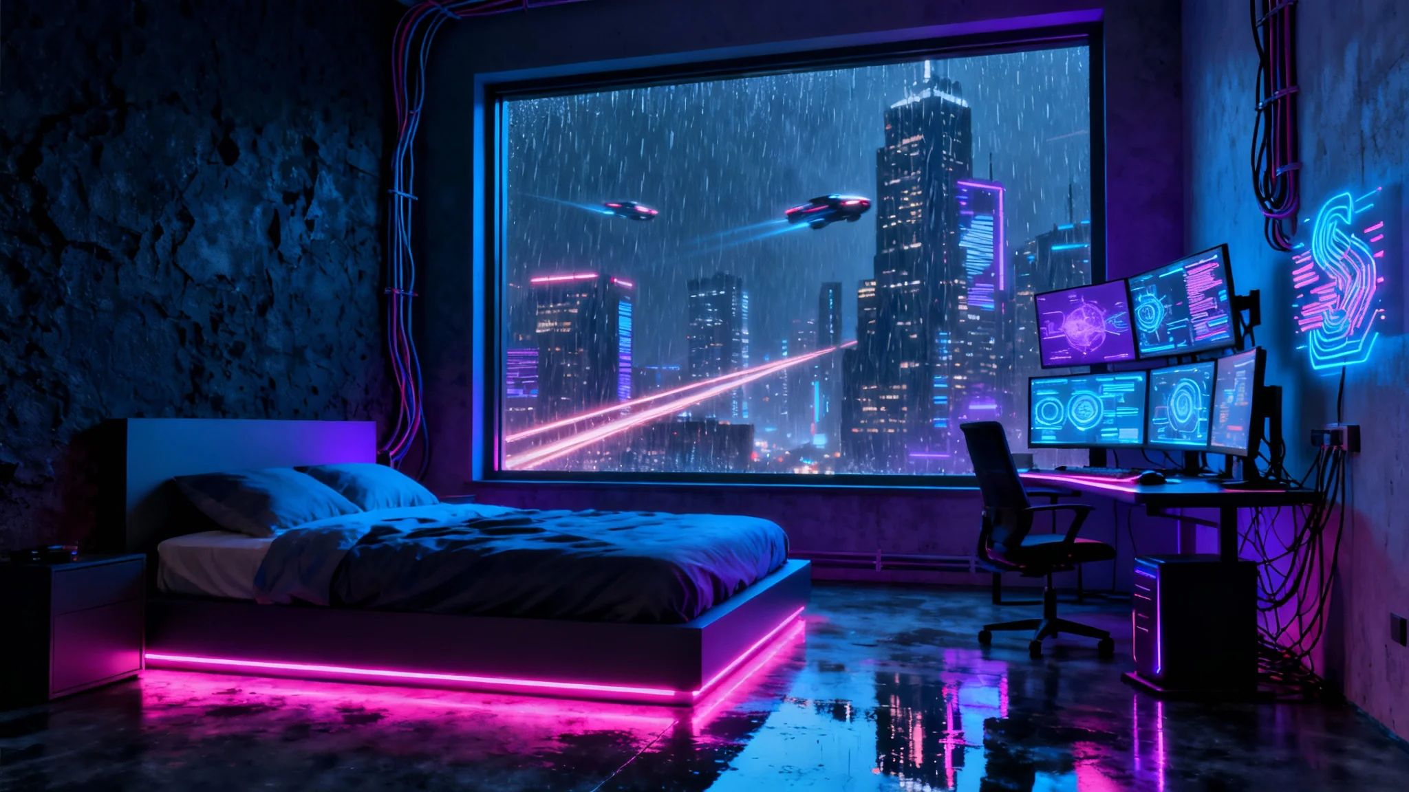 A hyper-realistic render of a cyberpunk-themed bedroom at night, featuring vibrant blue and magenta neon lighting, a large window overlooking a rainy futuristic city, and a high-tech computer workstation.