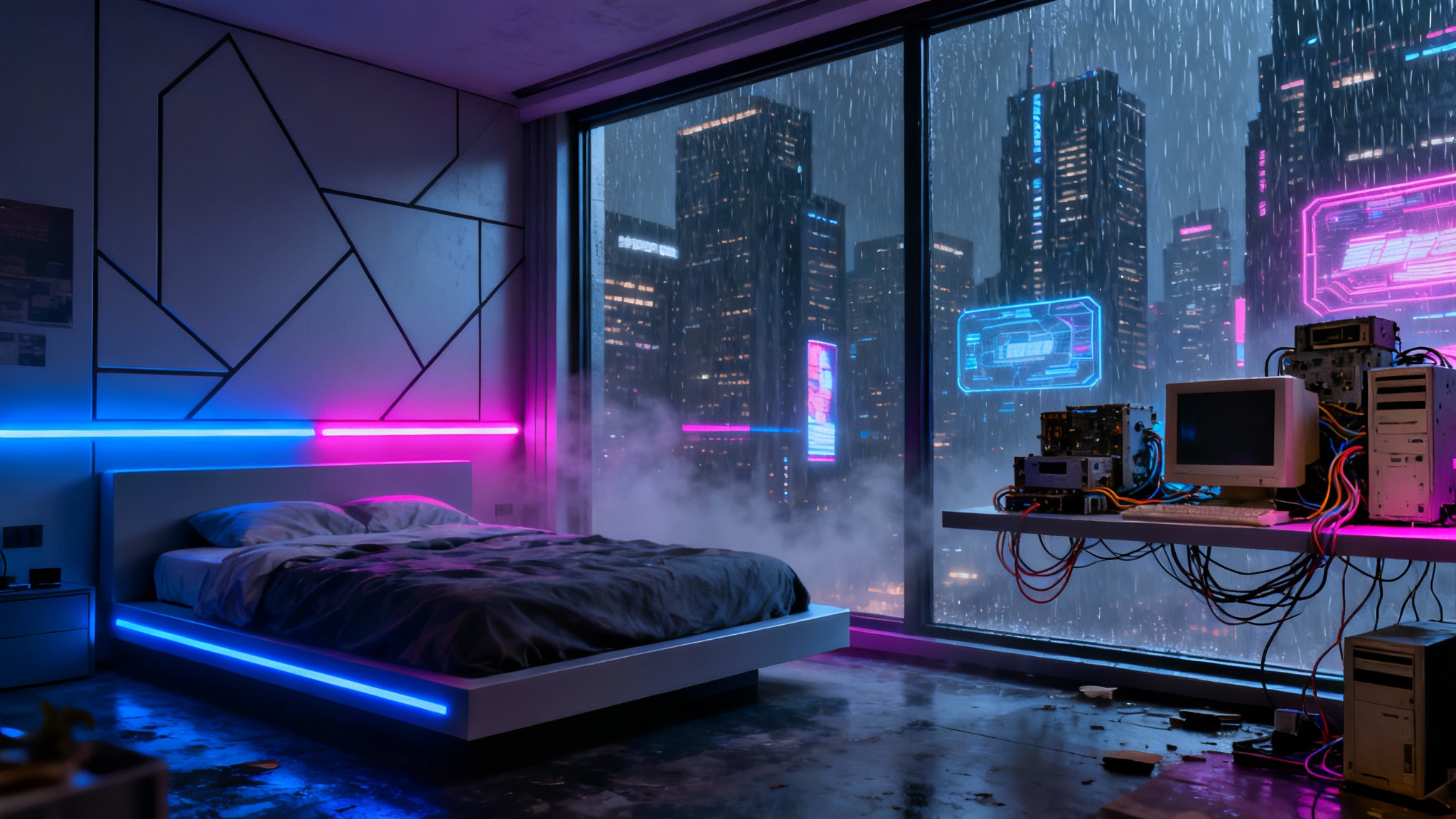 A detailed look inside a cyberpunk-themed room, featuring neon blue and pink lights, a large window overlooking a futuristic rainy city at night, and high-tech decor.