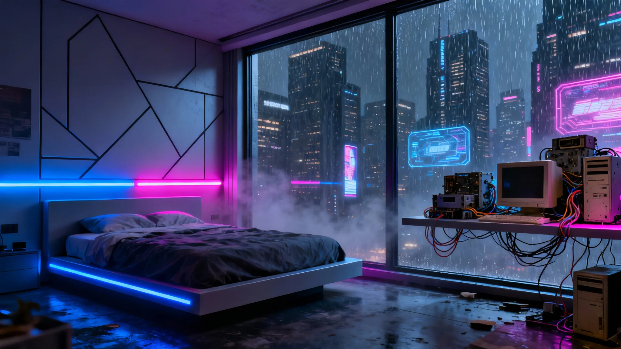 A detailed look inside a cyberpunk-themed room, featuring neon blue and pink lights, a large window overlooking a futuristic rainy city at night, and high-tech decor.