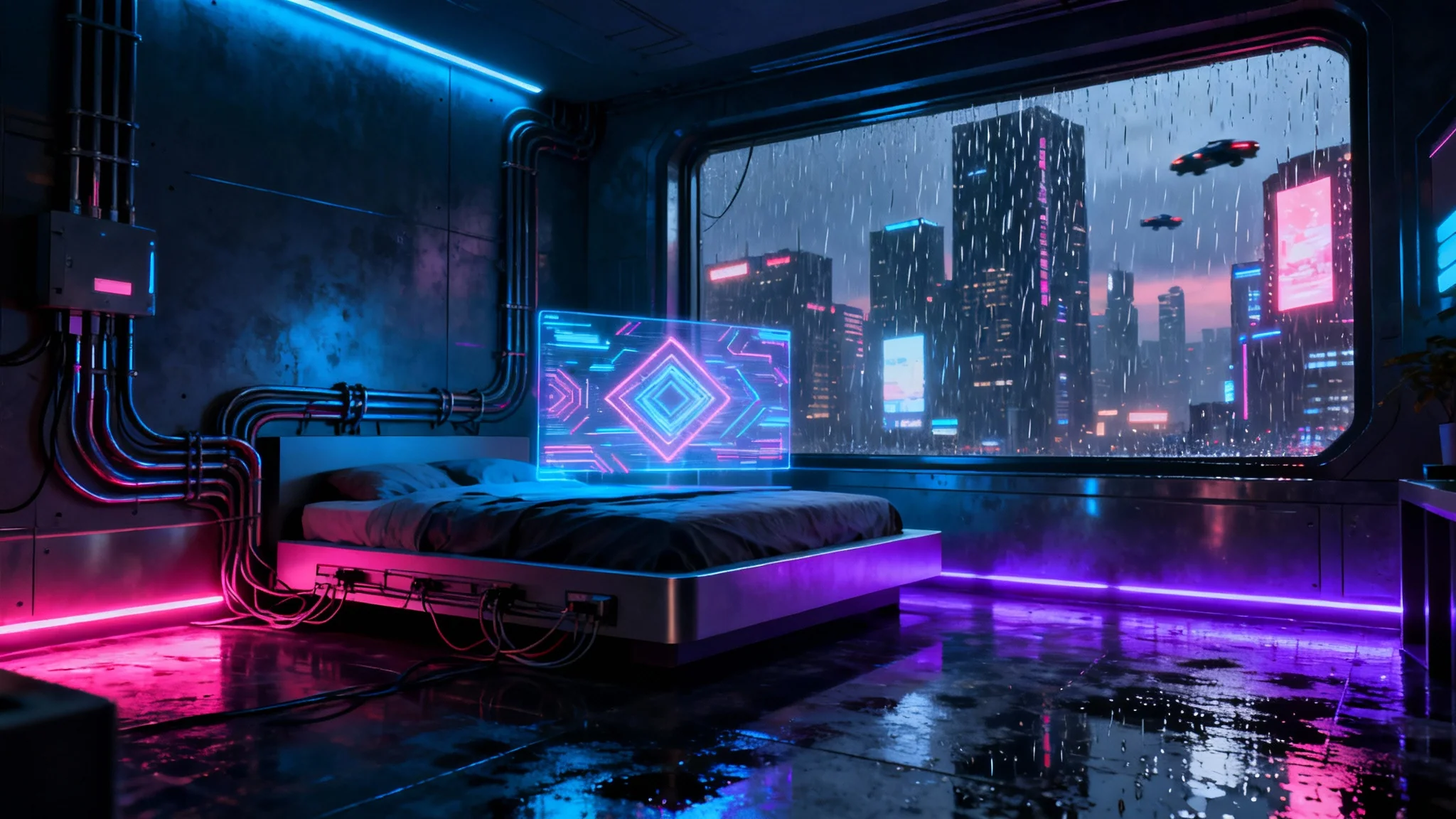 A photorealistic mockup of a cyberpunk room design, featuring neon lights, futuristic furniture, and a window view of a rainy, high-tech cityscape at night.