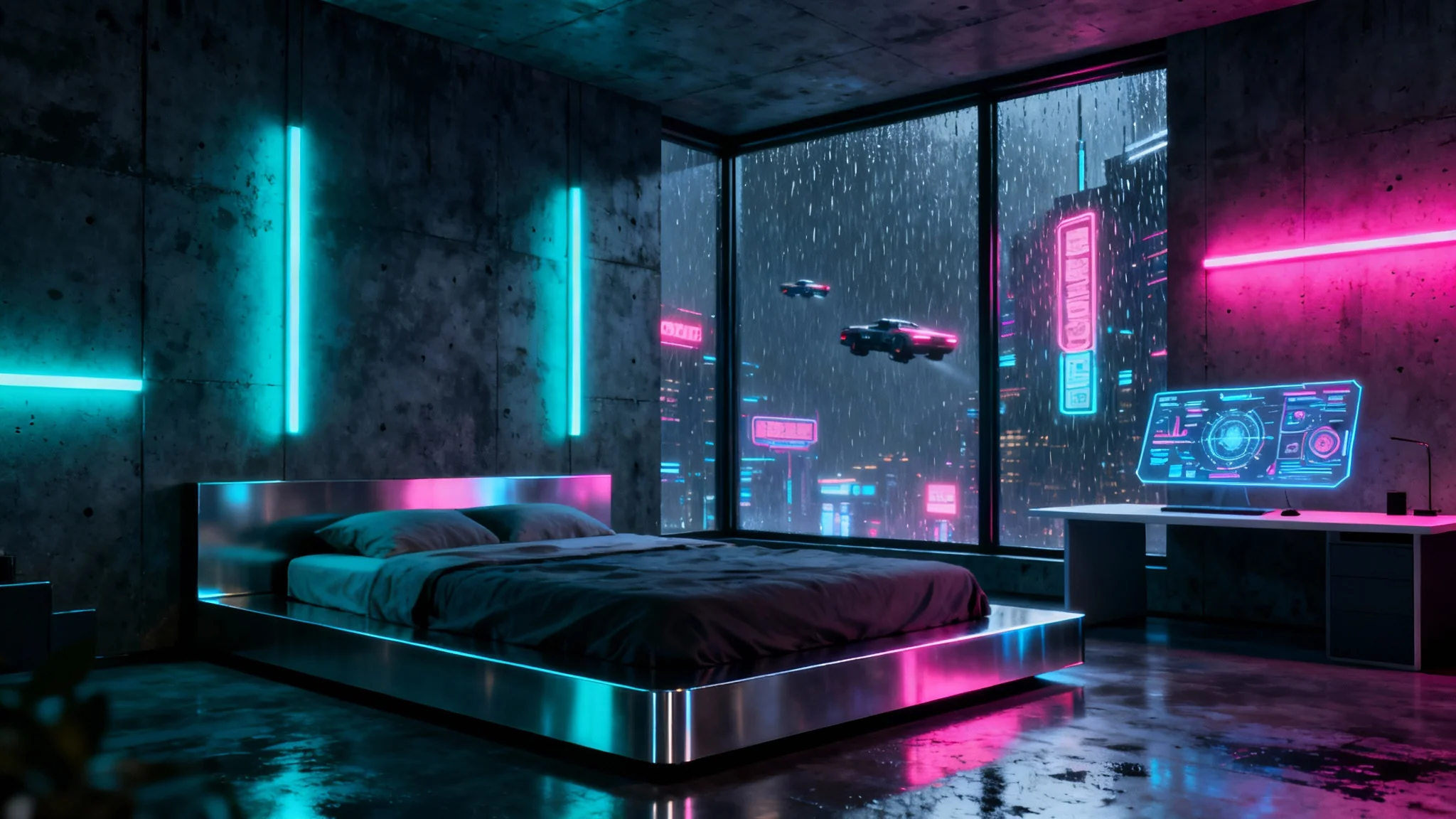 A photorealistic render of a cyberpunk room design, featuring neon lights in cyan and magenta, a large window overlooking a futuristic city at night, and a holographic display.