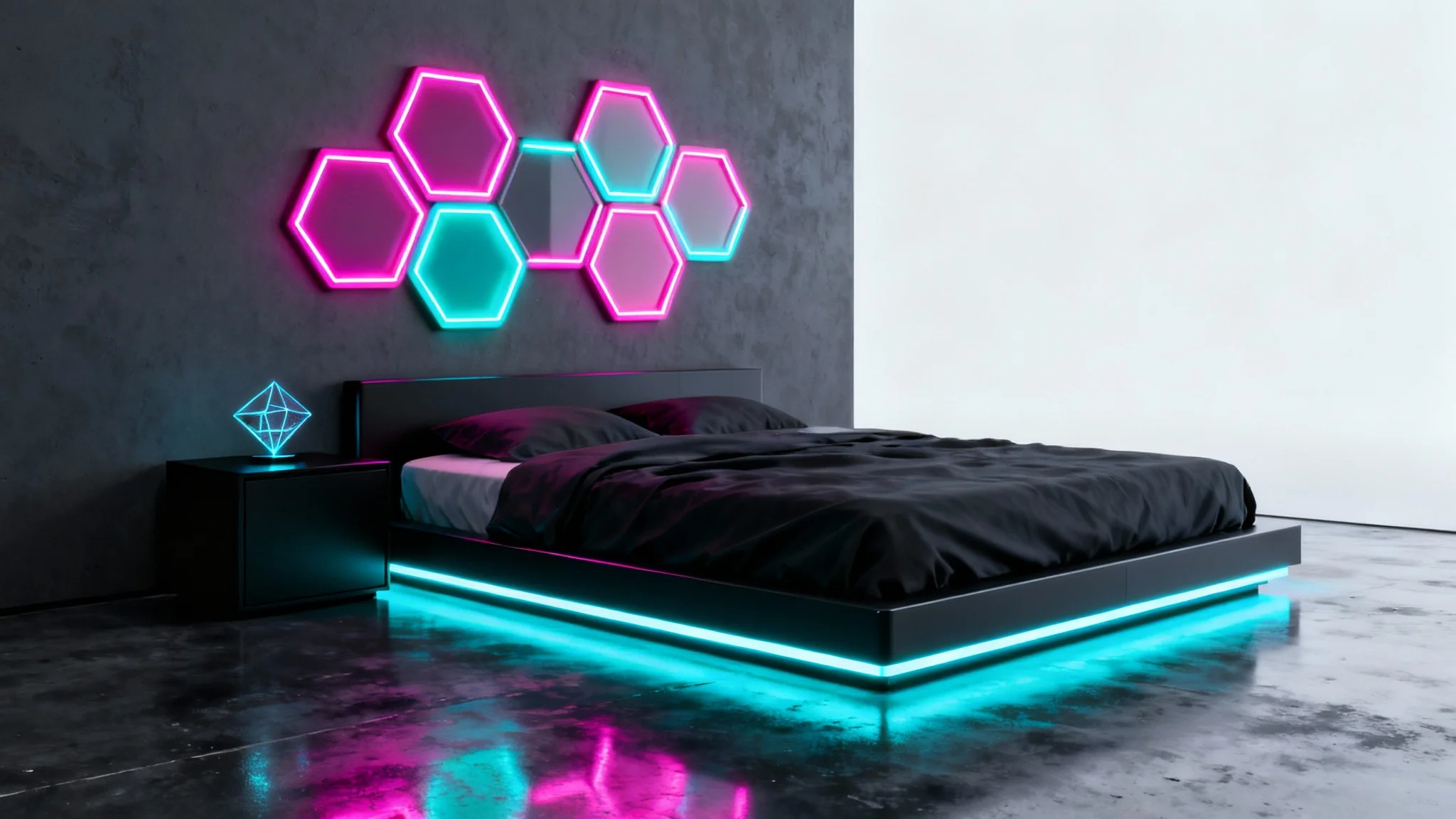A 3D mockup of a cyberpunk bedroom design against a clean white background. The room features a dark bed with neon underglow and a wall adorned with glowing hexagonal panels in pink and blue.