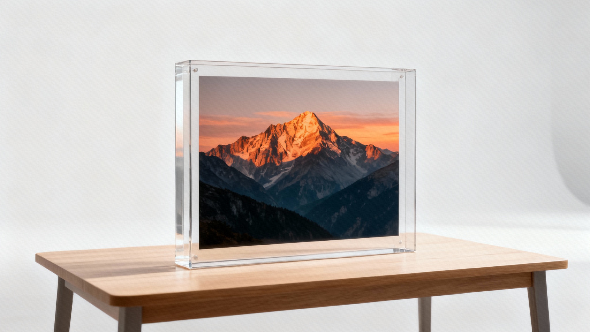 A beautifully framed photo on a light gray background. The photo, showing a colorful sunset over a mountain range, is encased in a modern frame with a transparent border, giving it a floating appearance.