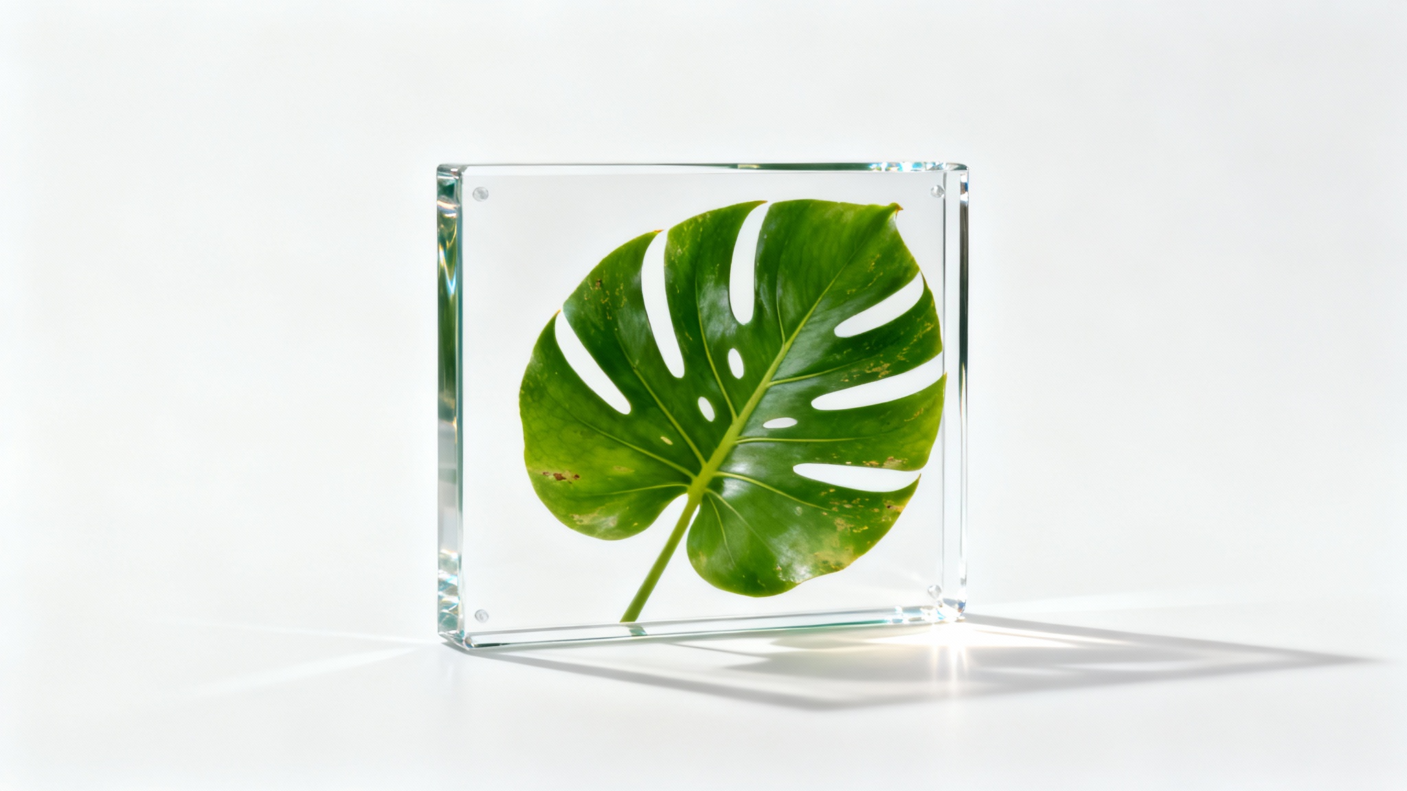 A modern mockup of a transparent rectangular picture frame with a vibrant green monstera leaf inside, set against a clean white background, creating a floating effect.