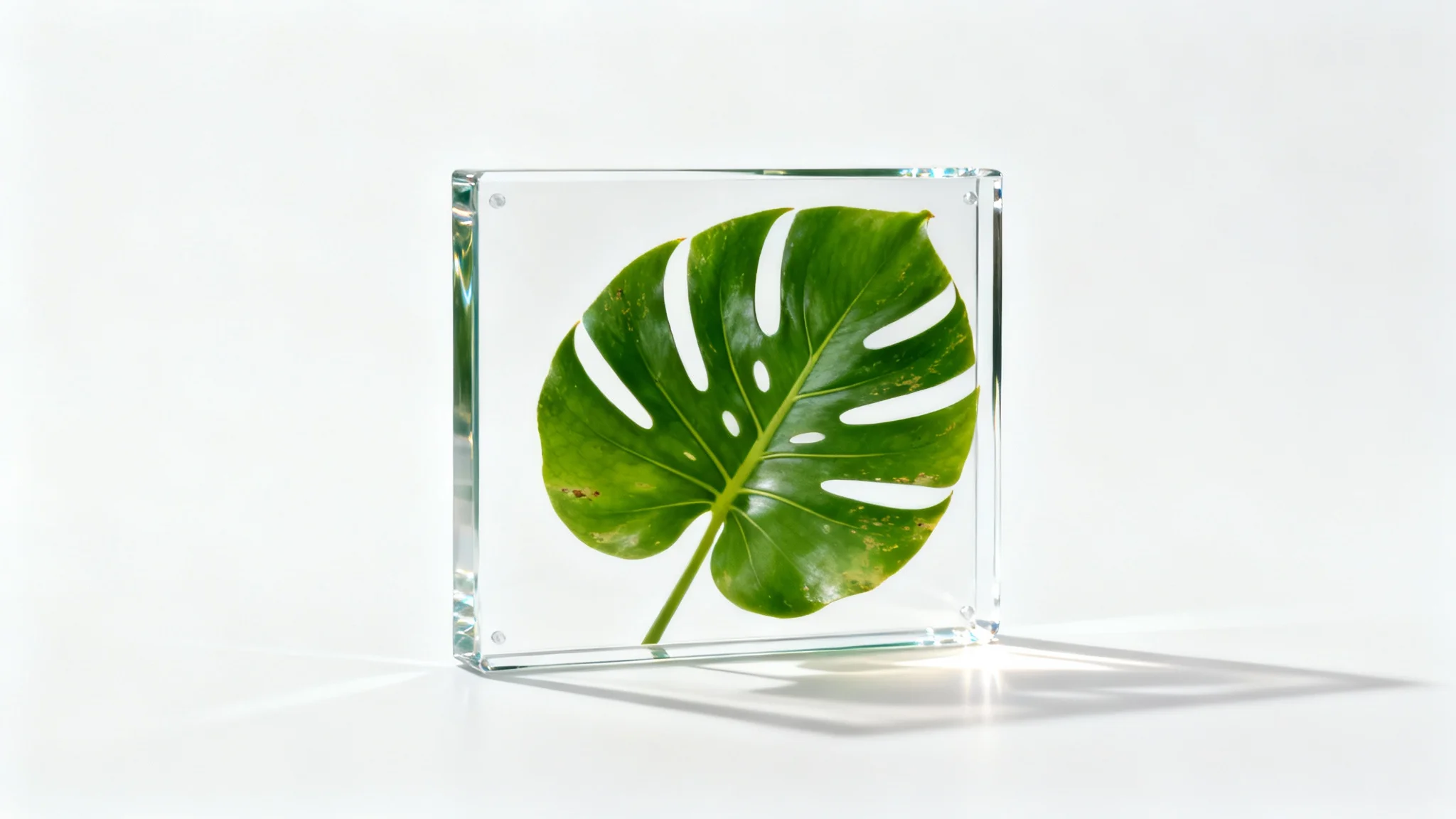 A modern mockup of a transparent rectangular picture frame with a vibrant green monstera leaf inside, set against a clean white background, creating a floating effect.