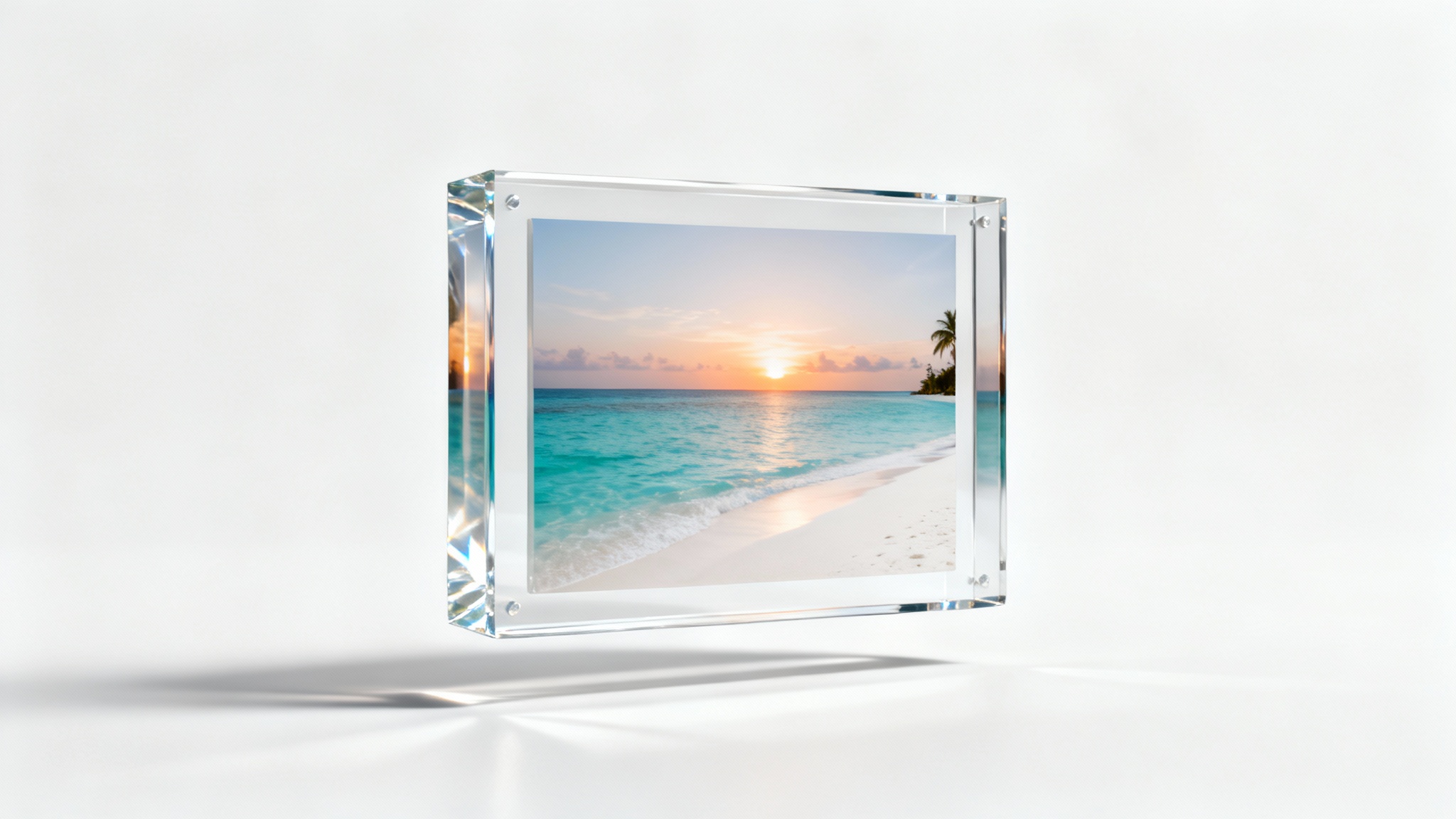 A beautiful photograph of a tropical beach displayed within a thick, transparent acrylic frame, creating a floating effect against a solid white background.