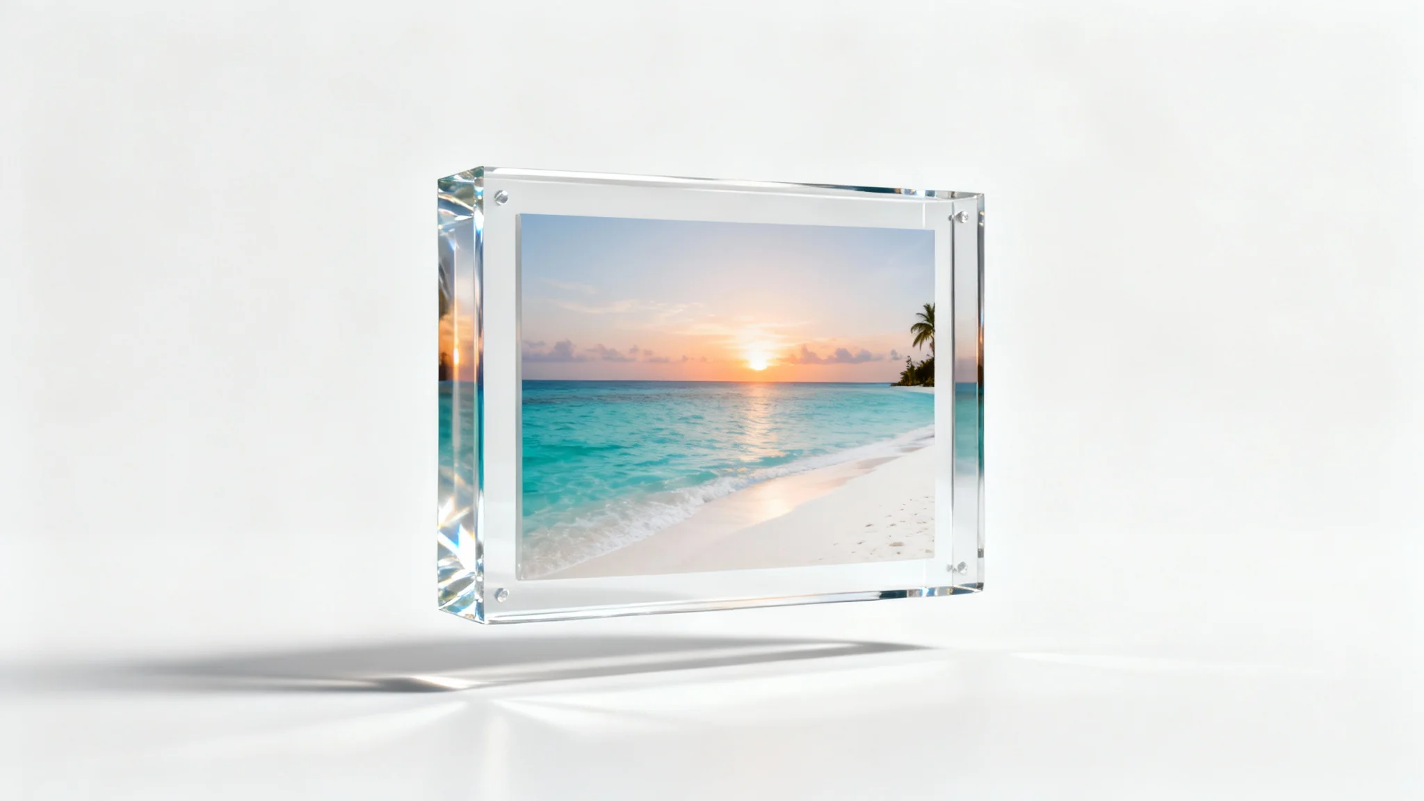 A beautiful photograph of a tropical beach displayed within a thick, transparent acrylic frame, creating a floating effect against a solid white background.
