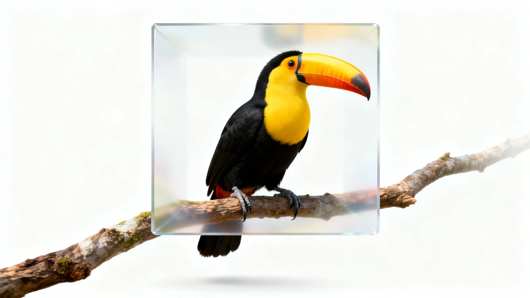 A photorealistic image of a colorful toucan on a branch, framed with a modern transparent border that fades into a white background.