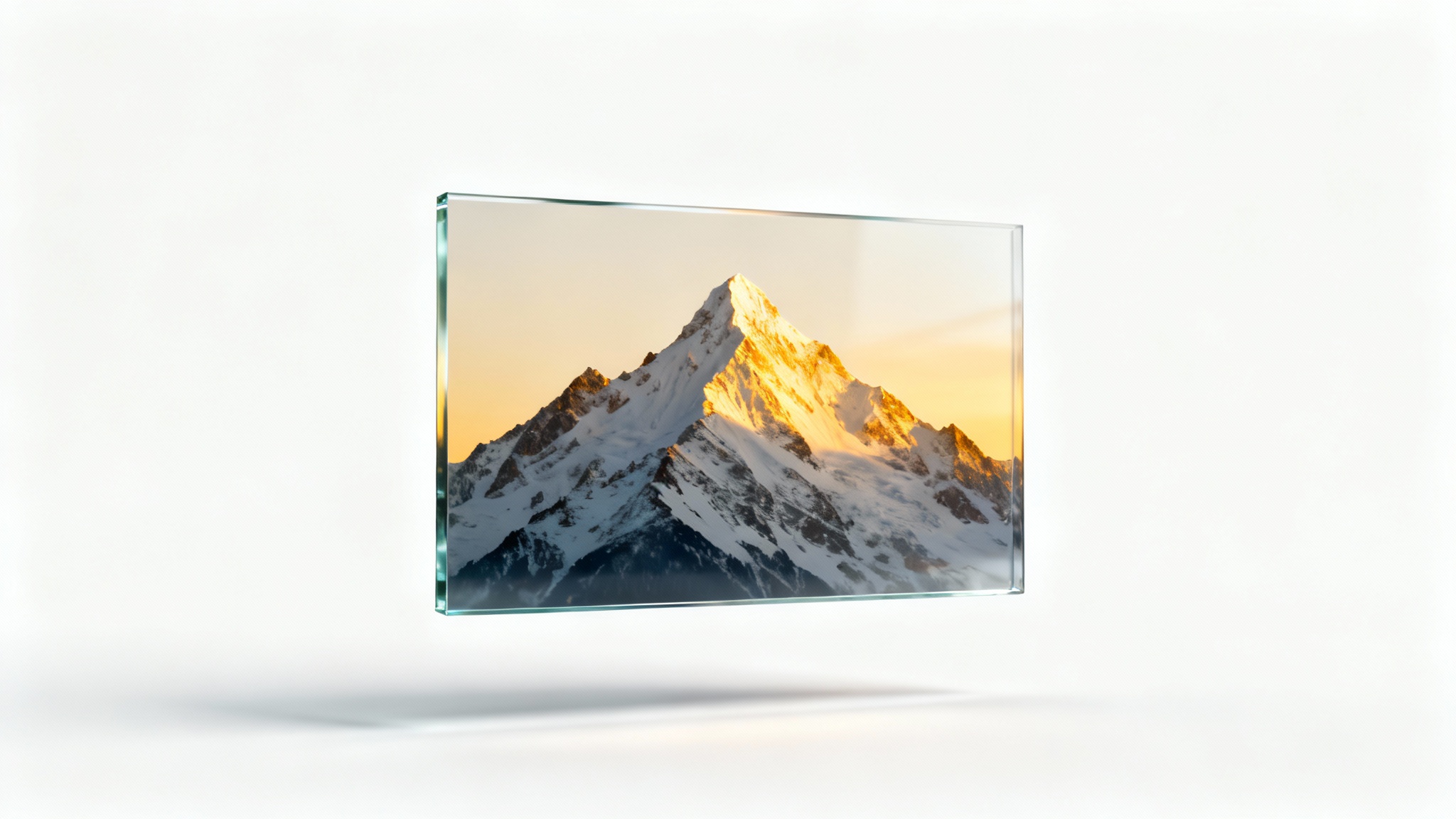 A photograph of a mountain peak with a modern transparent border frame applied, shown as a mockup against a clean white background.