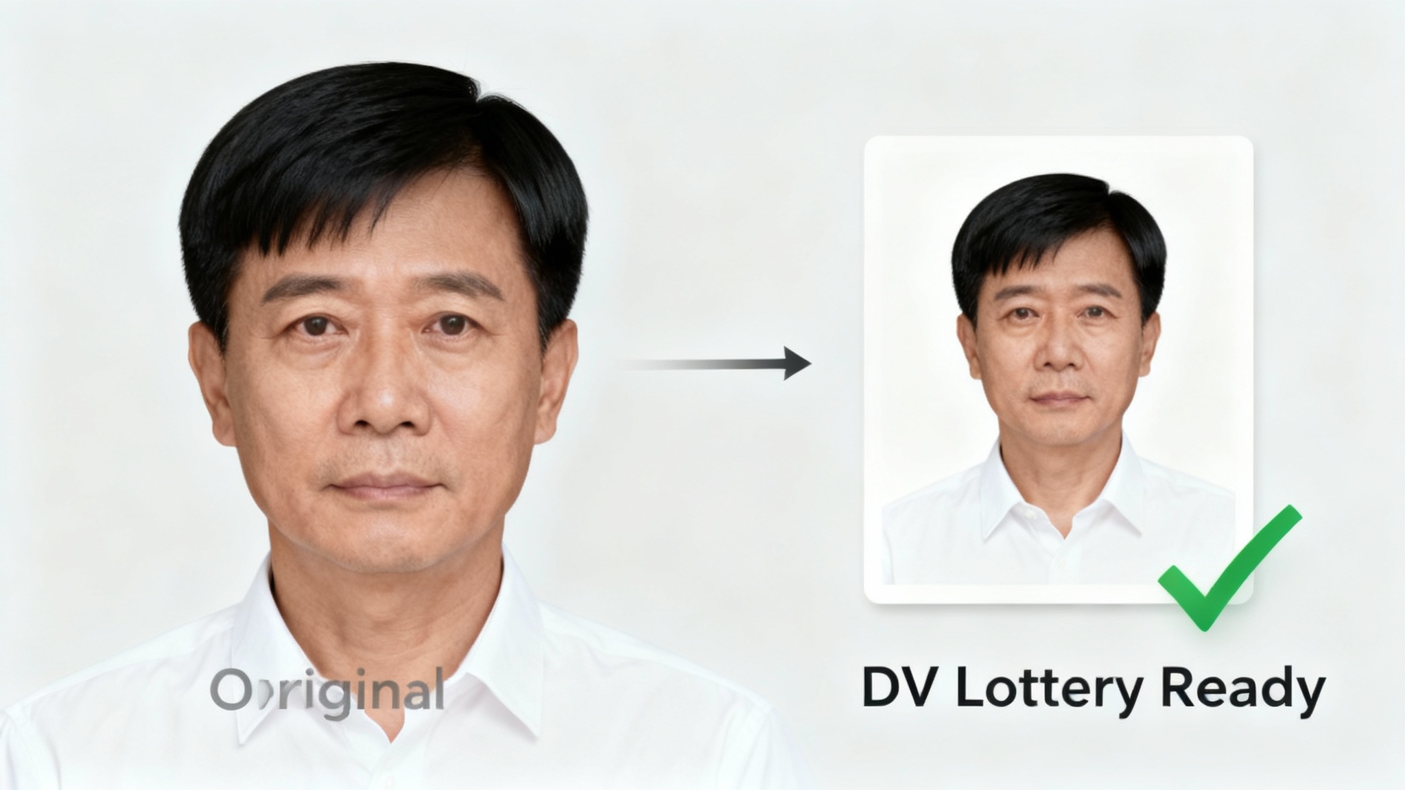 A before-and-after image showing a DV Lottery photo resizing tool. The 'before' photo is a headshot of an Asian man against a gray background; the 'after' photo shows the same man in a compliant, square passport photo with a white background and a green checkmark.