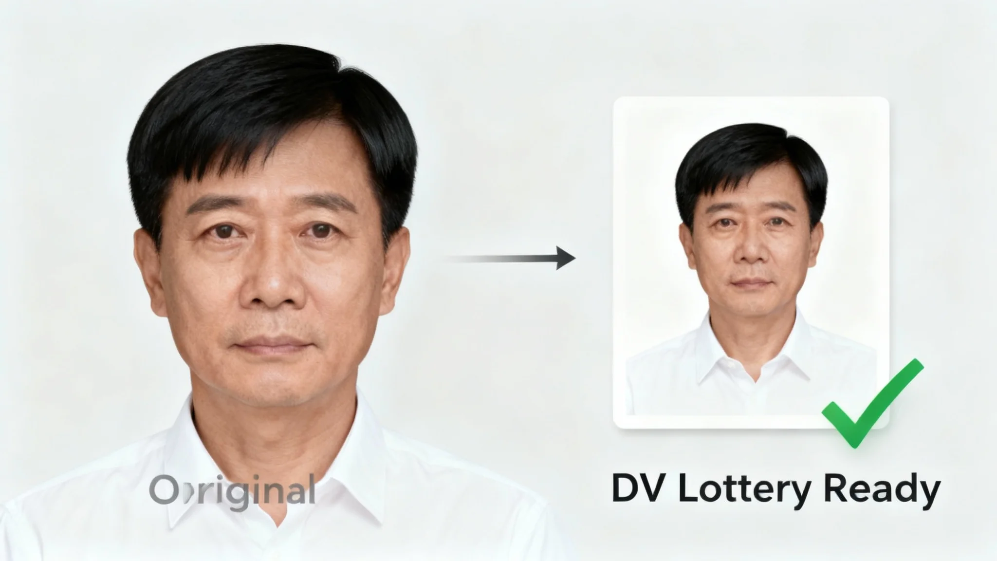 A before-and-after image showing a DV Lottery photo resizing tool. The 'before' photo is a headshot of an Asian man against a gray background; the 'after' photo shows the same man in a compliant, square passport photo with a white background and a green checkmark.