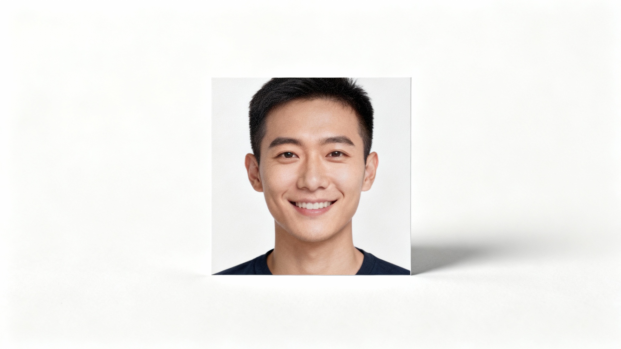 A perfect, square passport-style photo mockup for a DV lottery application, showing a person against a white background, centered on a clean white surface.