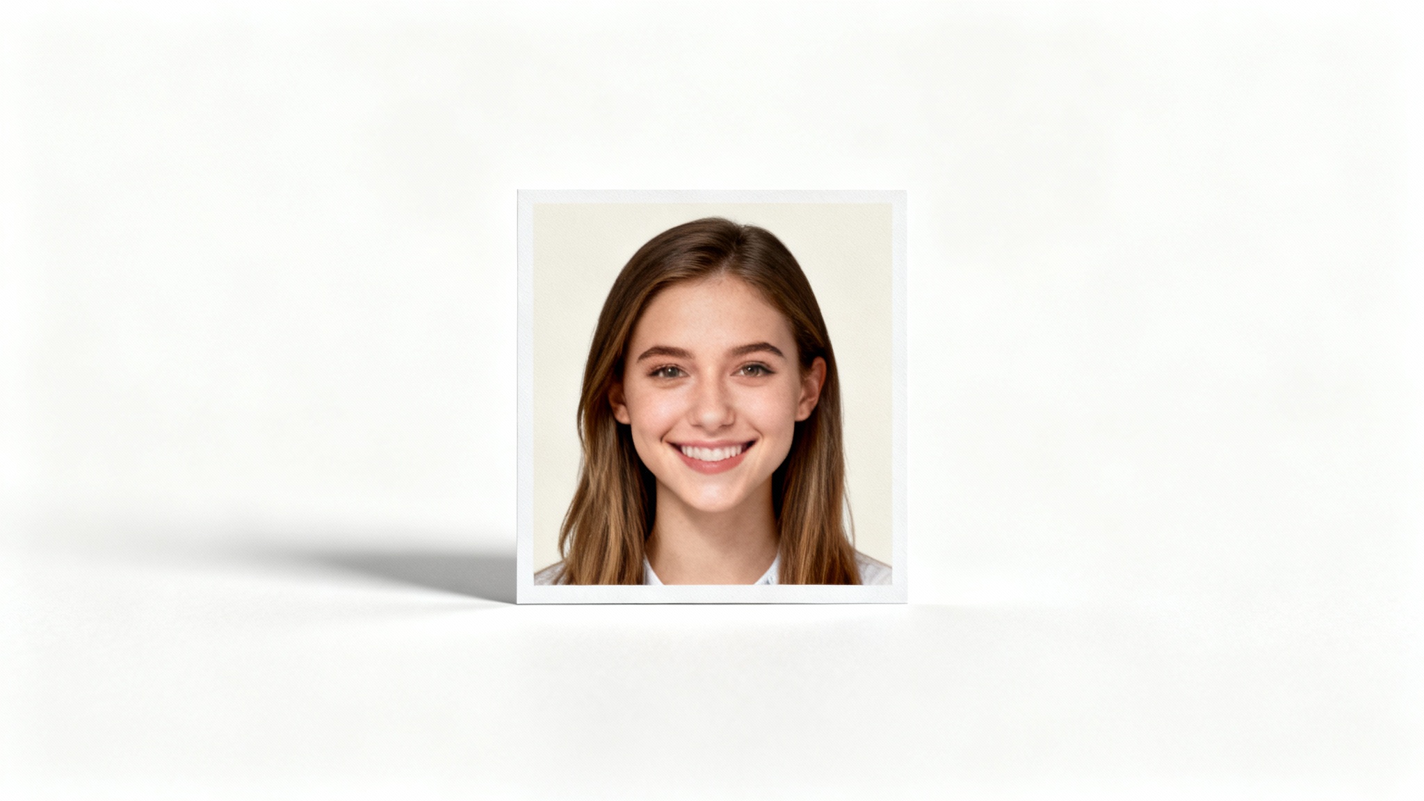 A perfectly compliant, square passport-style photo for the DV lottery, featuring a smiling woman against a plain white background, presented as a clean mockup.