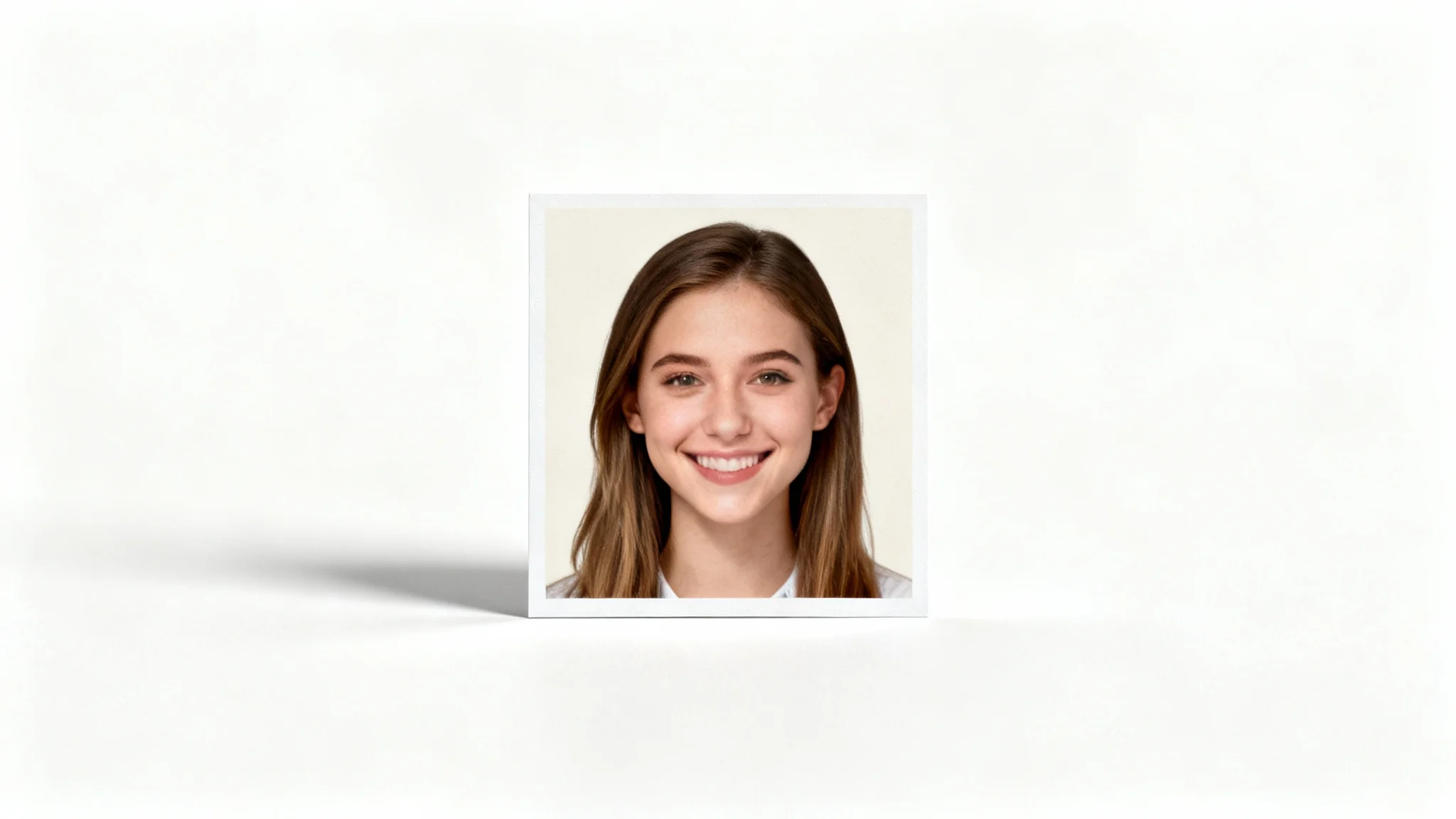 A perfectly compliant, square passport-style photo for the DV lottery, featuring a smiling woman against a plain white background, presented as a clean mockup.