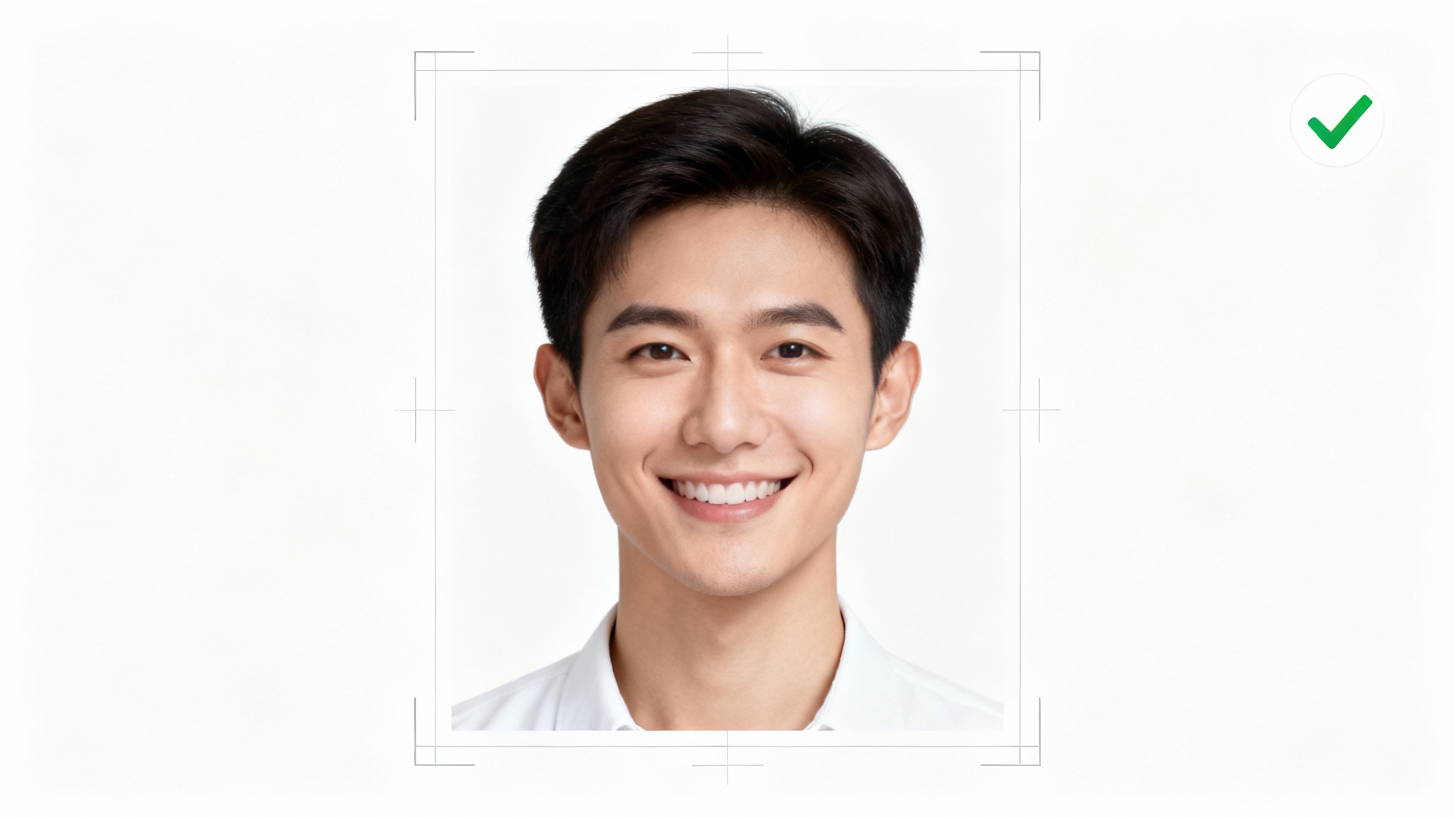 A professional, compliant passport-style photo for the DV Lottery, showing a person's headshot against a white background with digital guides indicating the correct size and a green checkmark for approval.