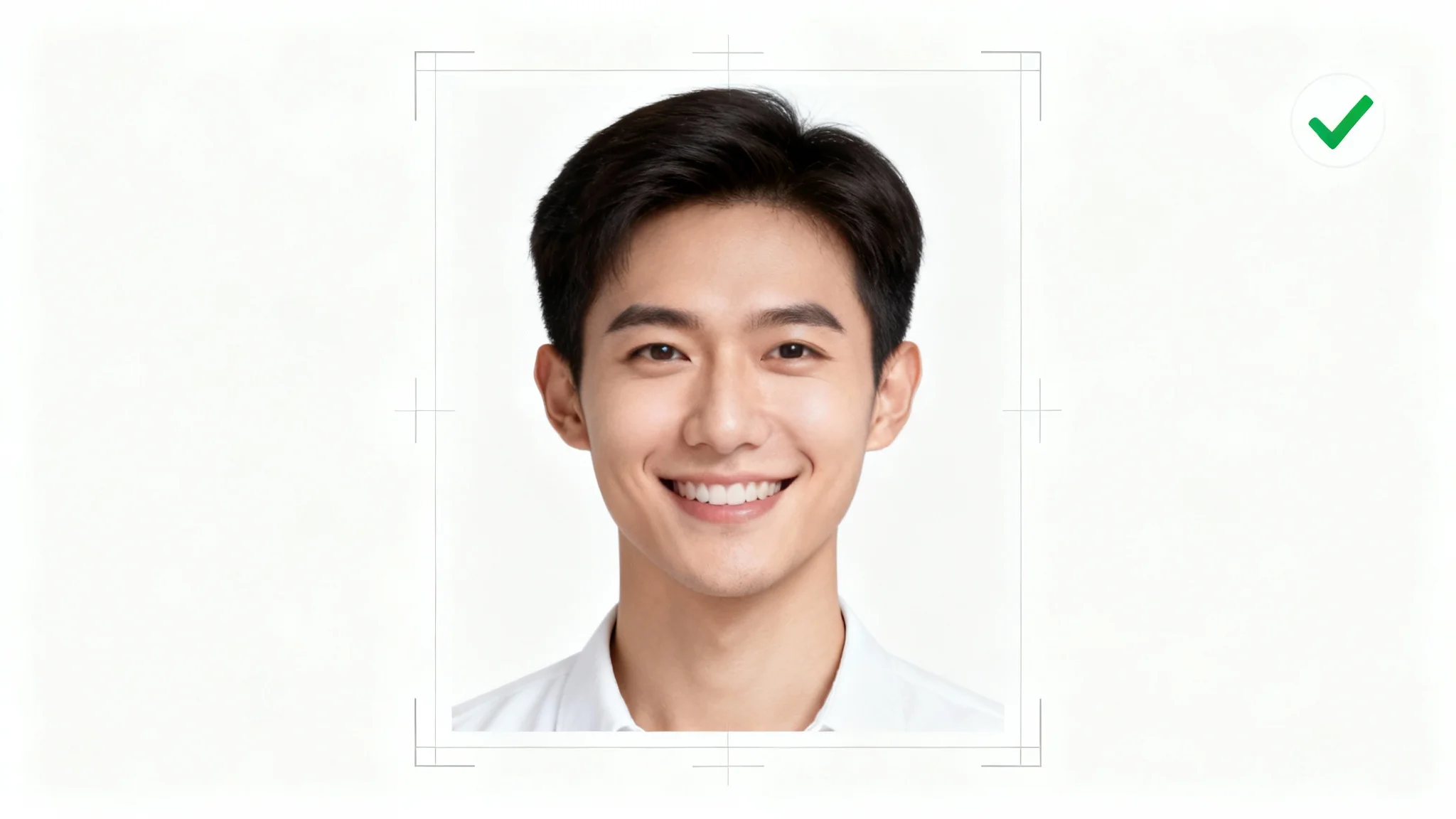 A professional, compliant passport-style photo for the DV Lottery, showing a person's headshot against a white background with digital guides indicating the correct size and a green checkmark for approval.