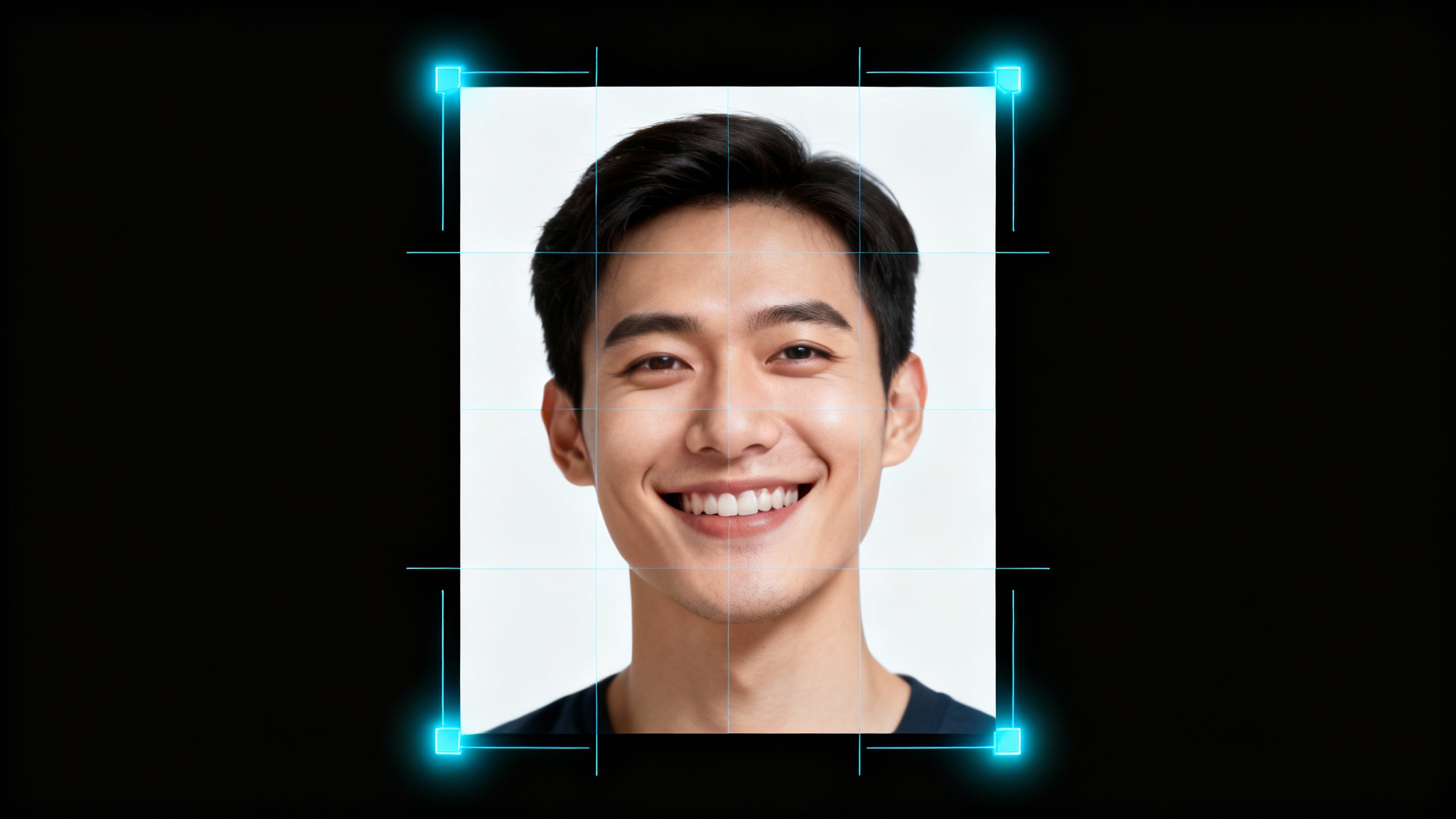 A mockup illustrating a perfectly resized DV Lottery photo. A compliant passport-style picture of a smiling person is shown with a digital grid overlay, symbolizing correct dimensions against a clean white background.