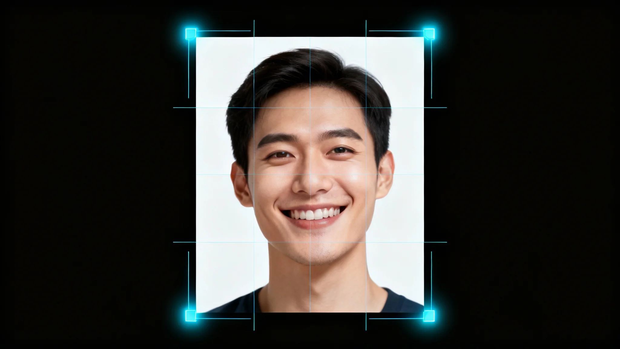 A mockup illustrating a perfectly resized DV Lottery photo. A compliant passport-style picture of a smiling person is shown with a digital grid overlay, symbolizing correct dimensions against a clean white background.