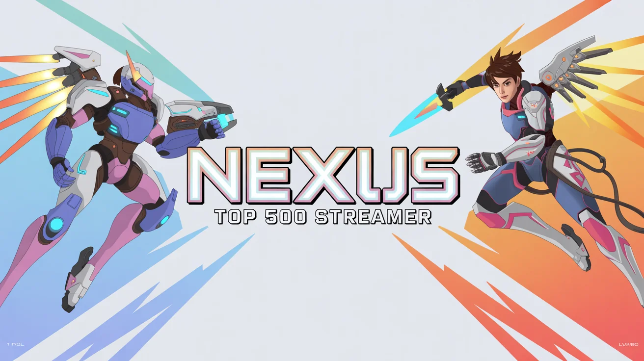 A final designed version of an Overwatch gaming banner featuring heroes D.Va and Genji, with the gamertag 'NEXUS' and 'Top 500 Streamer' text in the center.