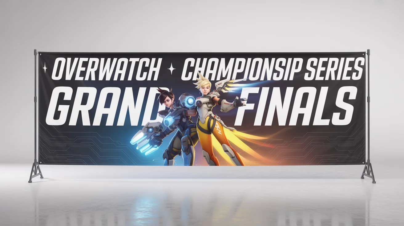 An esports banner mockup for an Overwatch tournament, featuring the heroes Tracer, Genji, and Mercy in action poses. The banner text reads 'Overwatch Championship Series' and 'Grand Finals'.