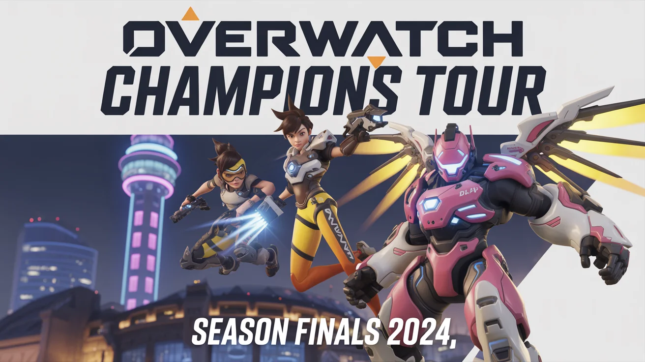 A professional Overwatch esports banner mockup for the 'Overwatch Champions Tour' season finals, featuring heroes Tracer, Genji, and D.Va in dynamic poses against a futuristic city backdrop.