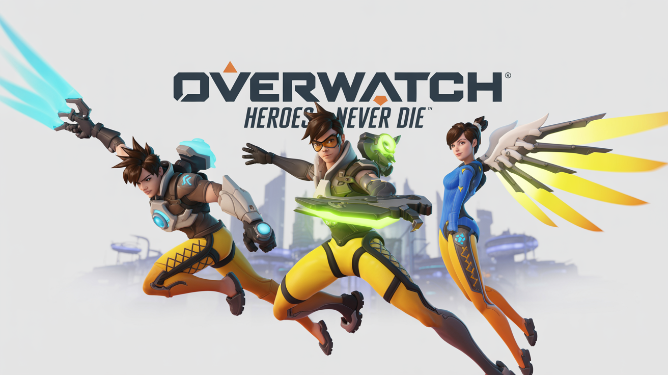A mockup of a wide gaming banner for the video game Overwatch, featuring the heroes Tracer, Genji, and Mercy in dynamic poses. The banner includes the text 'OVERWATCH' and 'HEROES NEVER DIE' in a futuristic style.