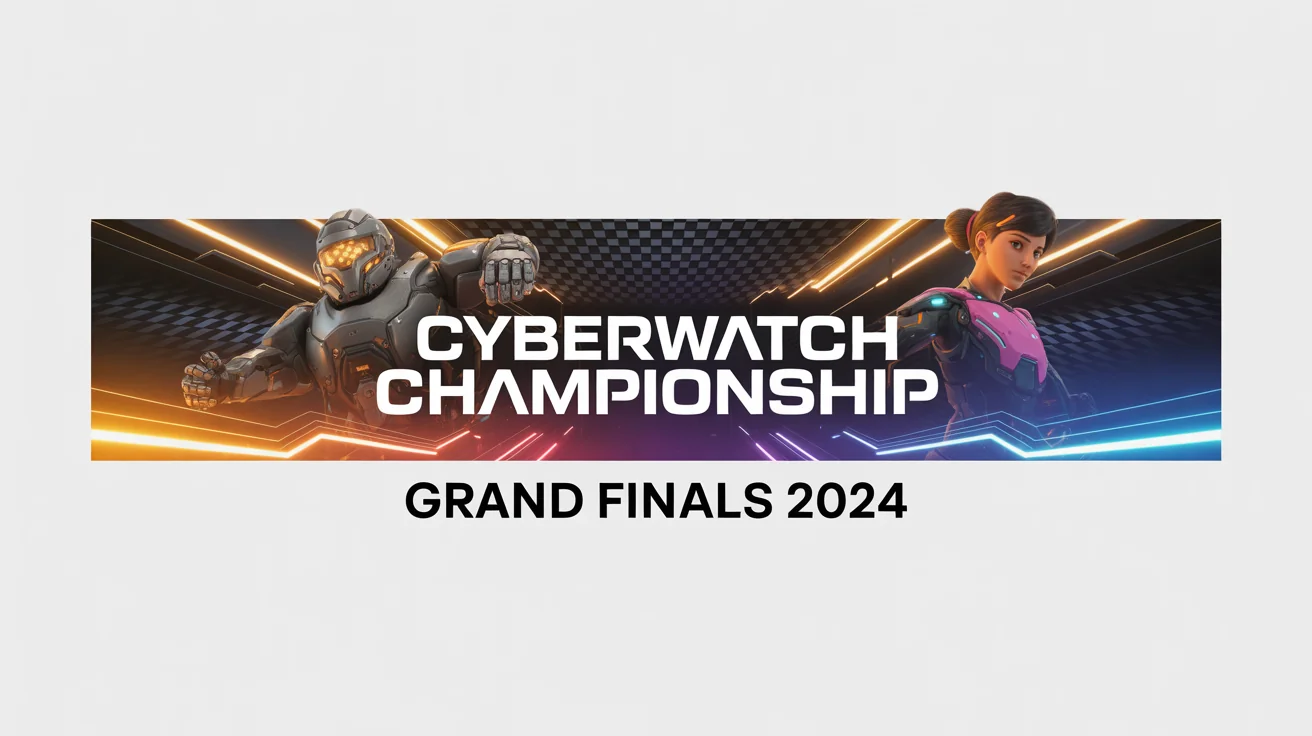 A mockup of a futuristic e-sports banner inspired by Overwatch, featuring stylized heroes and the text 'CYBERWATCH CHAMPIONSHIP' against a white background.