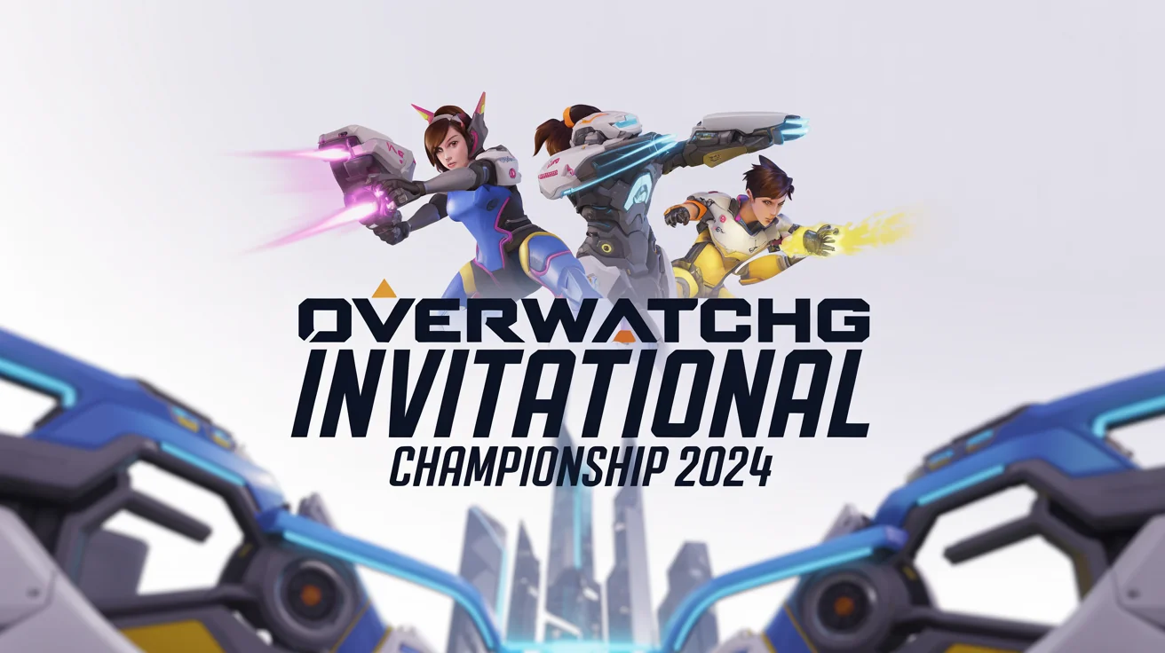 A mockup of a vibrant Overwatch esports banner on a white background, featuring heroes D.Va, Tracer, and Genji in action poses with the text 'OVERWATCH INVITATIONAL'.