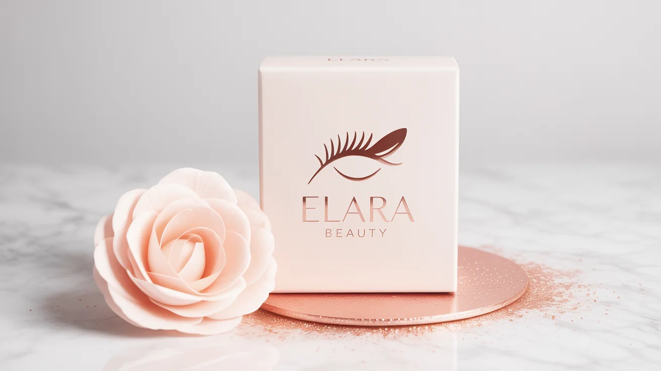 A hero image showcasing a luxurious makeup logo. A rose gold foil logo for 'Elara Beauty' is on a white surface, set against a pink marble background with a rose petal and highlighter shimmer.