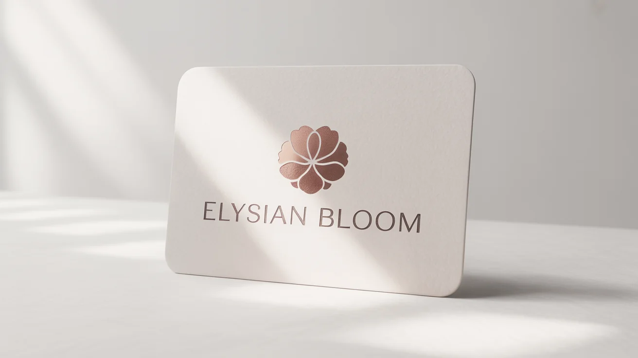 A professional mockup of a luxury makeup brand logo for 'Elysian Bloom', featuring a rose gold abstract flower icon on a clean white background.