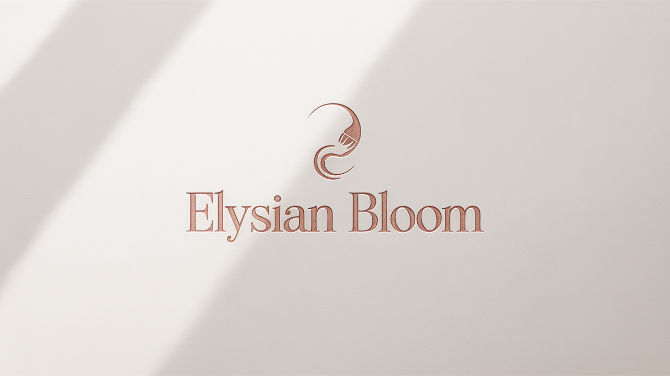 A photorealistic mockup of a luxury makeup brand logo for 'Elysian Bloom', featuring a rose gold brush stroke icon and elegant text on a plain white background.