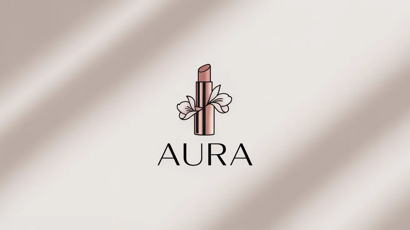 A luxurious and minimalist logo for a makeup brand named 'AURA', featuring a rose gold icon of a lipstick and flower on a clean white background.