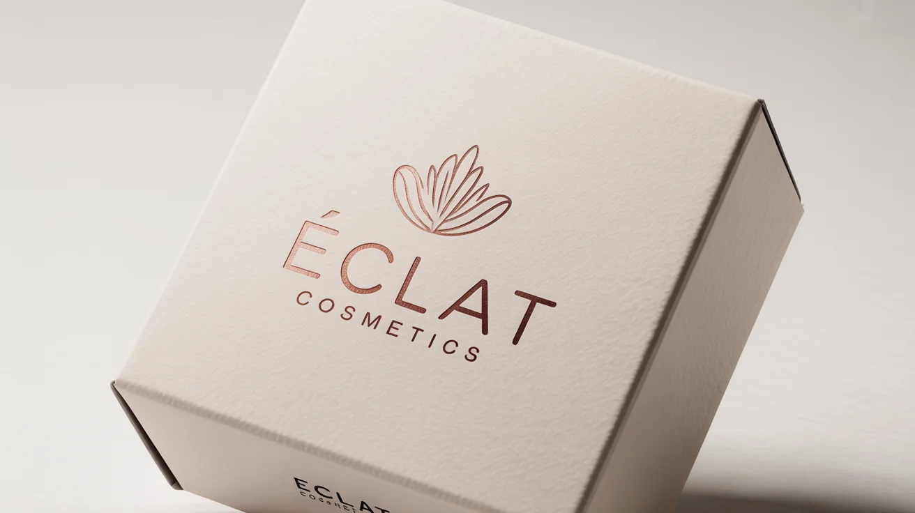 A mockup of a luxurious makeup logo for 'Eclat Cosmetics', elegantly embossed in rose gold on a white product box against a clean white background.