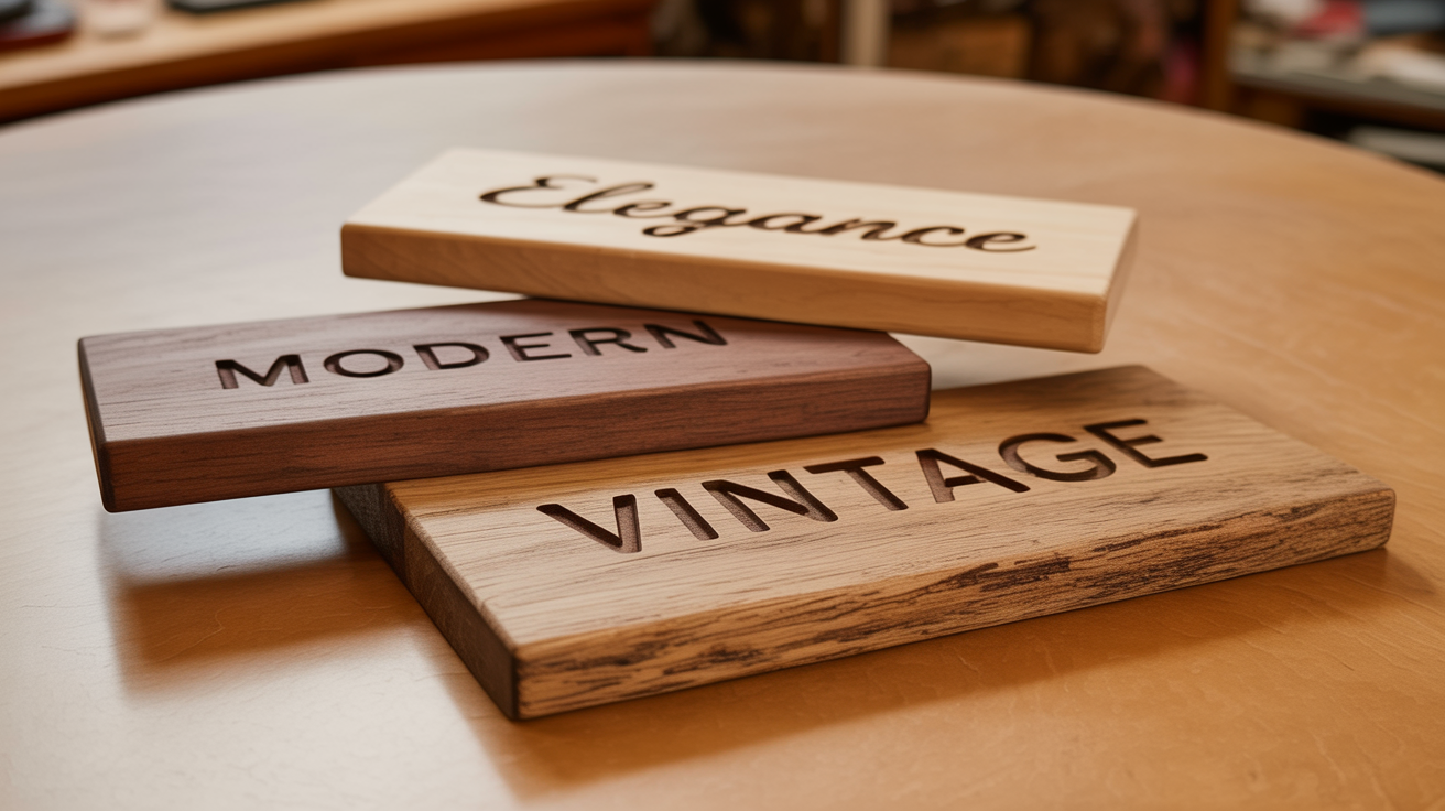 A hero image showing three pieces of wood—dark, light, and rustic—each laser-engraved with a different font. The words 'MODERN', 'Elegance', and 'VINTAGE' are displayed to showcase different wood engraving font styles.