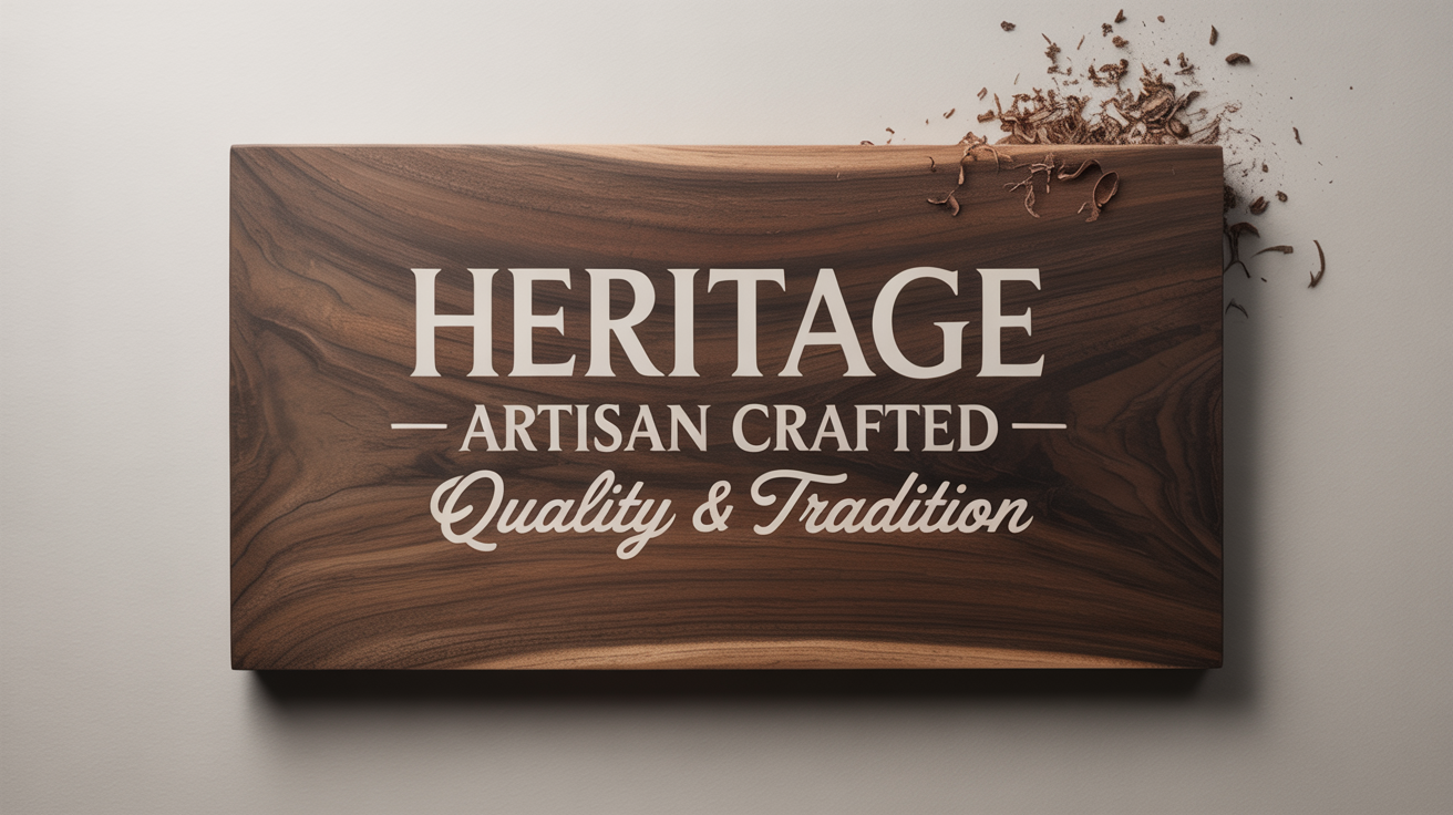 A photorealistic mockup of a polished dark walnut wood slab with three different fonts engraved into it, reading 'HERITAGE', 'Artisan Crafted', and 'Quality & Tradition', set against a white background.