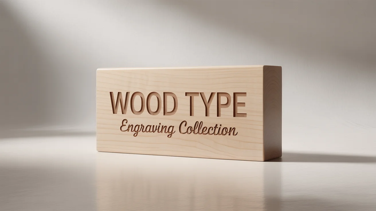 A photorealistic mockup of engraved fonts on a block of light maple wood, featuring the words 'WOOD TYPE' and 'Engraving Collection' on a clean white background.
