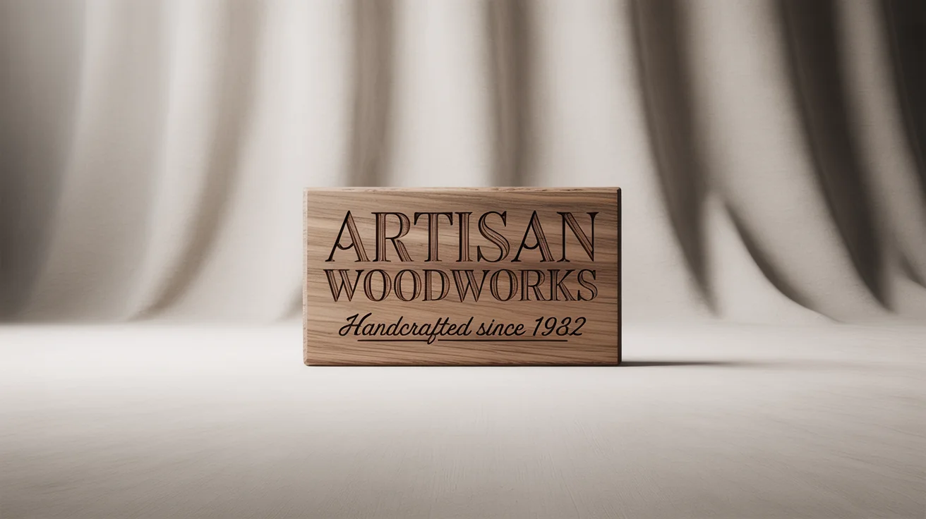 A close-up photograph of a piece of oak wood with the text 'Artisan Woodworks' and 'Handcrafted Since 1982' beautifully engraved into it, set against a clean white background.