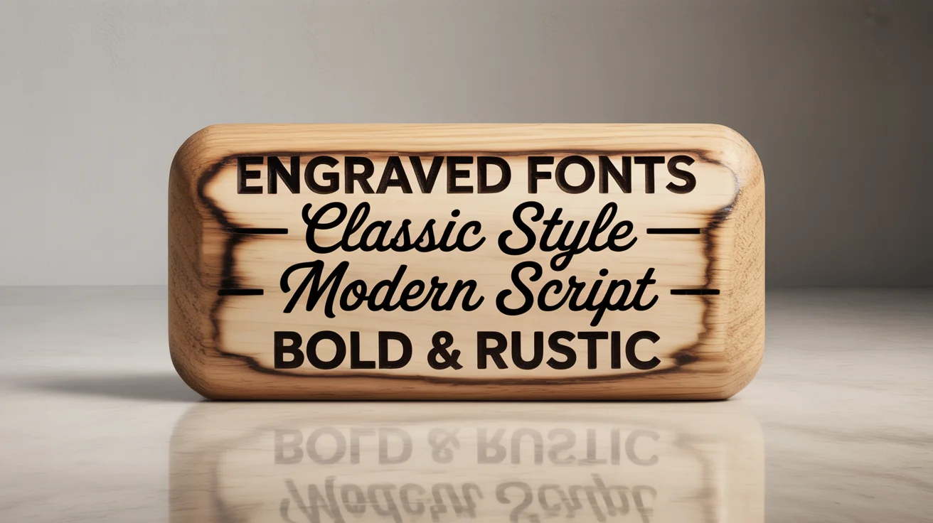 A photorealistic mockup of a polished light oak plaque showcasing four different styles of engraved fonts with the text 'Engraved Fonts', 'Classic Style', 'Modern Script', and 'Bold & Rustic'.