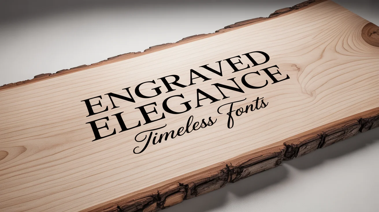 A photorealistic mockup of a light-colored wood block with the words 'Engraved Elegance' and 'Timeless Fonts' cleanly engraved into it, set against a white background.