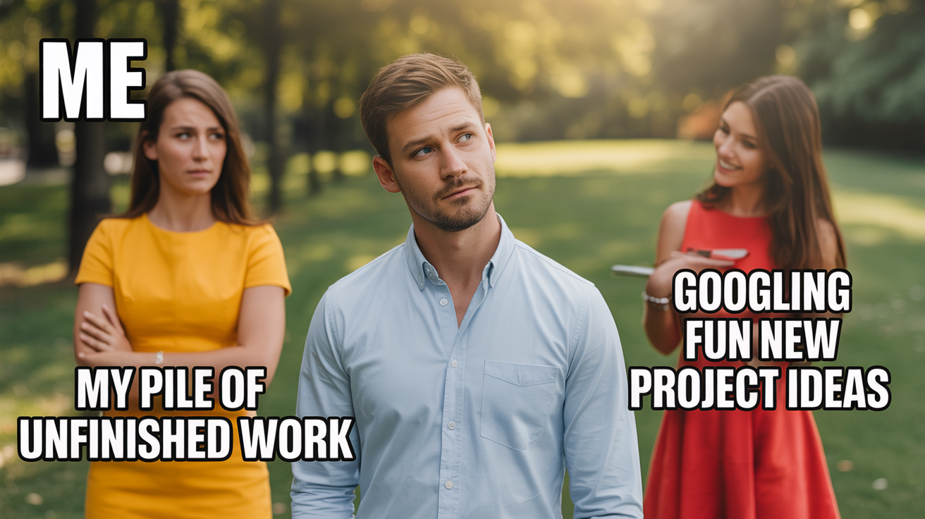 The 'Distracted Boyfriend' meme showing the final result of adding text. The boyfriend is labeled 'Me', his girlfriend is labeled 'My pile of unfinished work', and the woman he is checking out is labeled 'Googling fun new project ideas'.