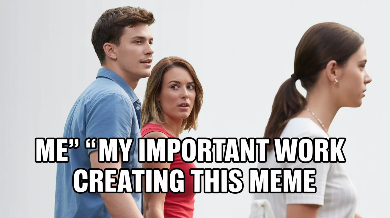 A mockup of the 'distracted boyfriend' meme. The boyfriend is labeled 'Me,' his angry girlfriend is labeled 'My Important Work,' and the other woman is labeled 'Creating This Meme,' humorously showing procrastination.