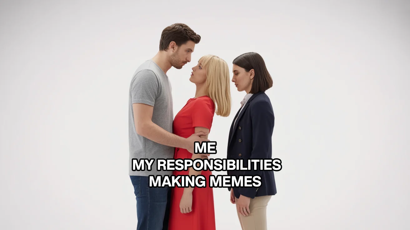 The 'Distracted Boyfriend' meme is shown on a clean white background. The boyfriend is labeled 'Me', his girlfriend is labeled 'My Responsibilities', and the woman he's looking at is labeled 'Making Memes', demonstrating how text can be added to an image to create a meme.