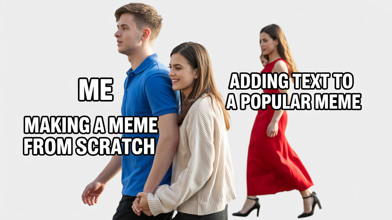 A mockup of the 'Distracted Boyfriend' meme used to illustrate the ease of adding text. The man is labeled 'Me', his disapproving girlfriend is labeled 'Making a meme from scratch', and the woman he's looking at is labeled 'Adding text to a popular meme'.