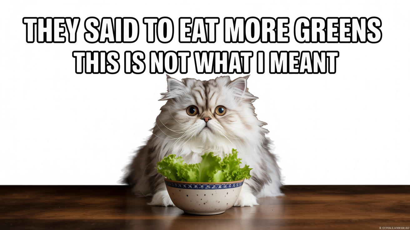 A funny meme mockup of a confused cat staring at a bowl of salad, with the text 'They said to eat more greens' and 'This is not what I meant'.