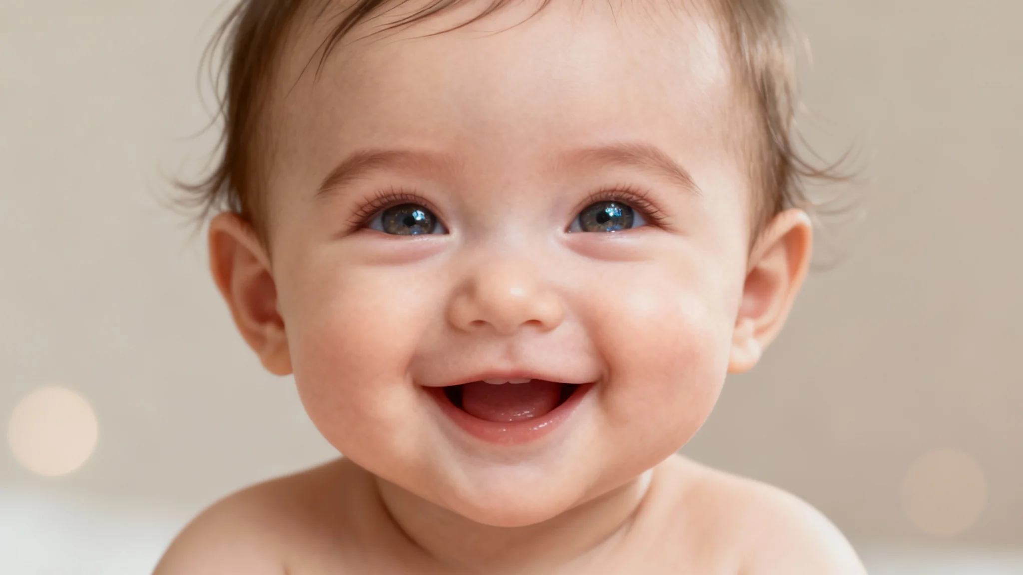 A photorealistic, AI-generated hero image showing a close-up of a smiling baby's face, representing the final output of a baby generator tool.