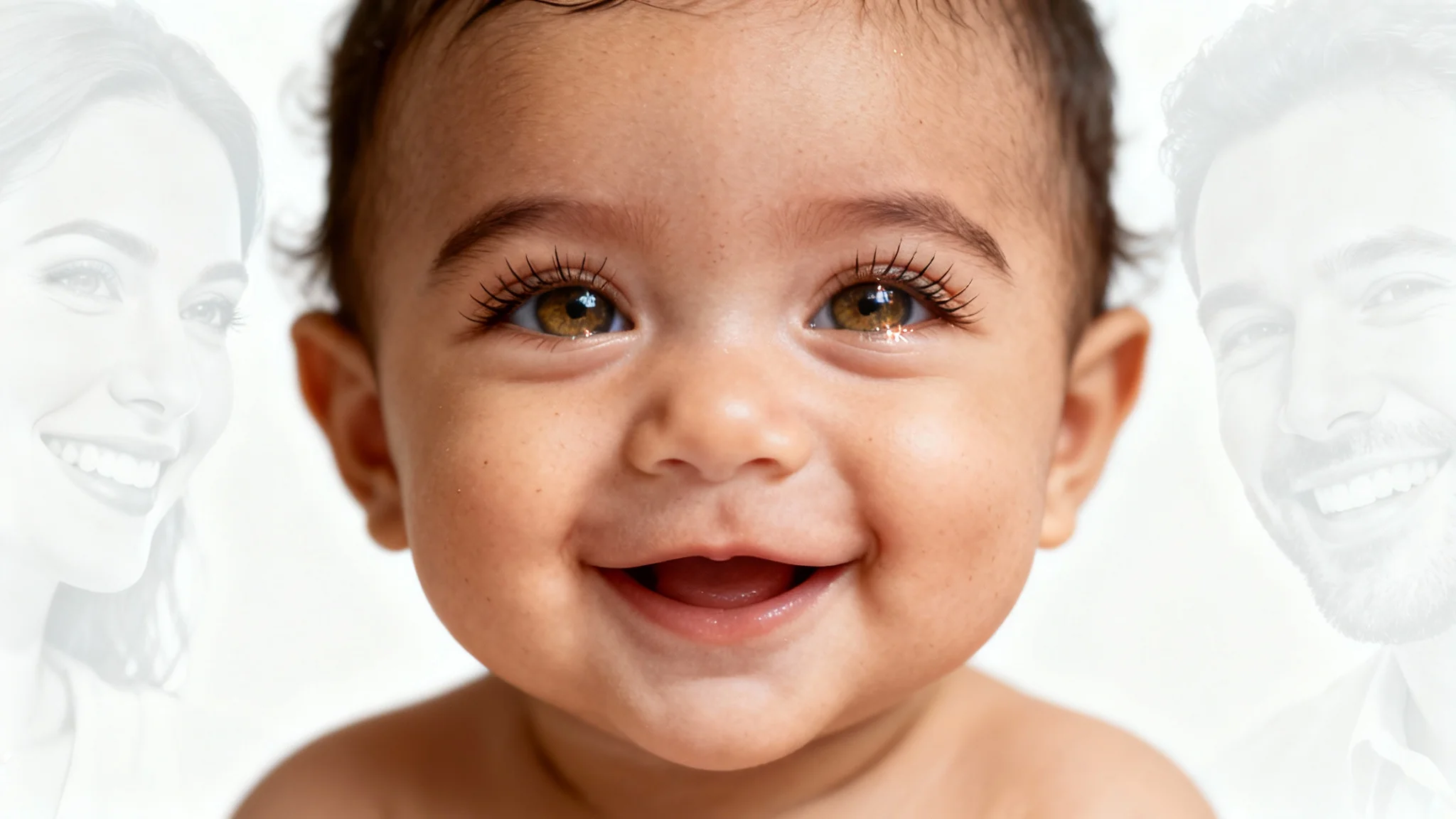 A photorealistic image of a happy baby's face, with faint, blurred portraits of a man and woman in the background, on a clean white background.