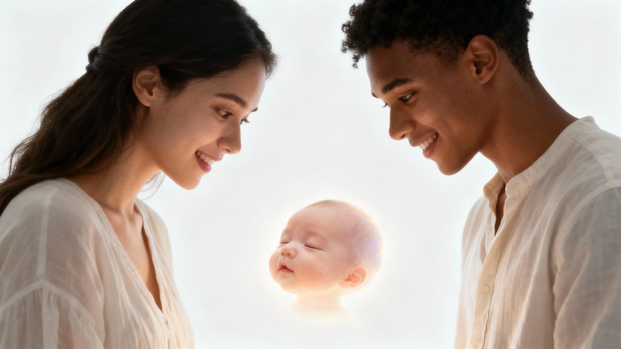 A hopeful young couple tenderly looks at a soft, artistic impression of a baby's face floating between them, on a clean white background.