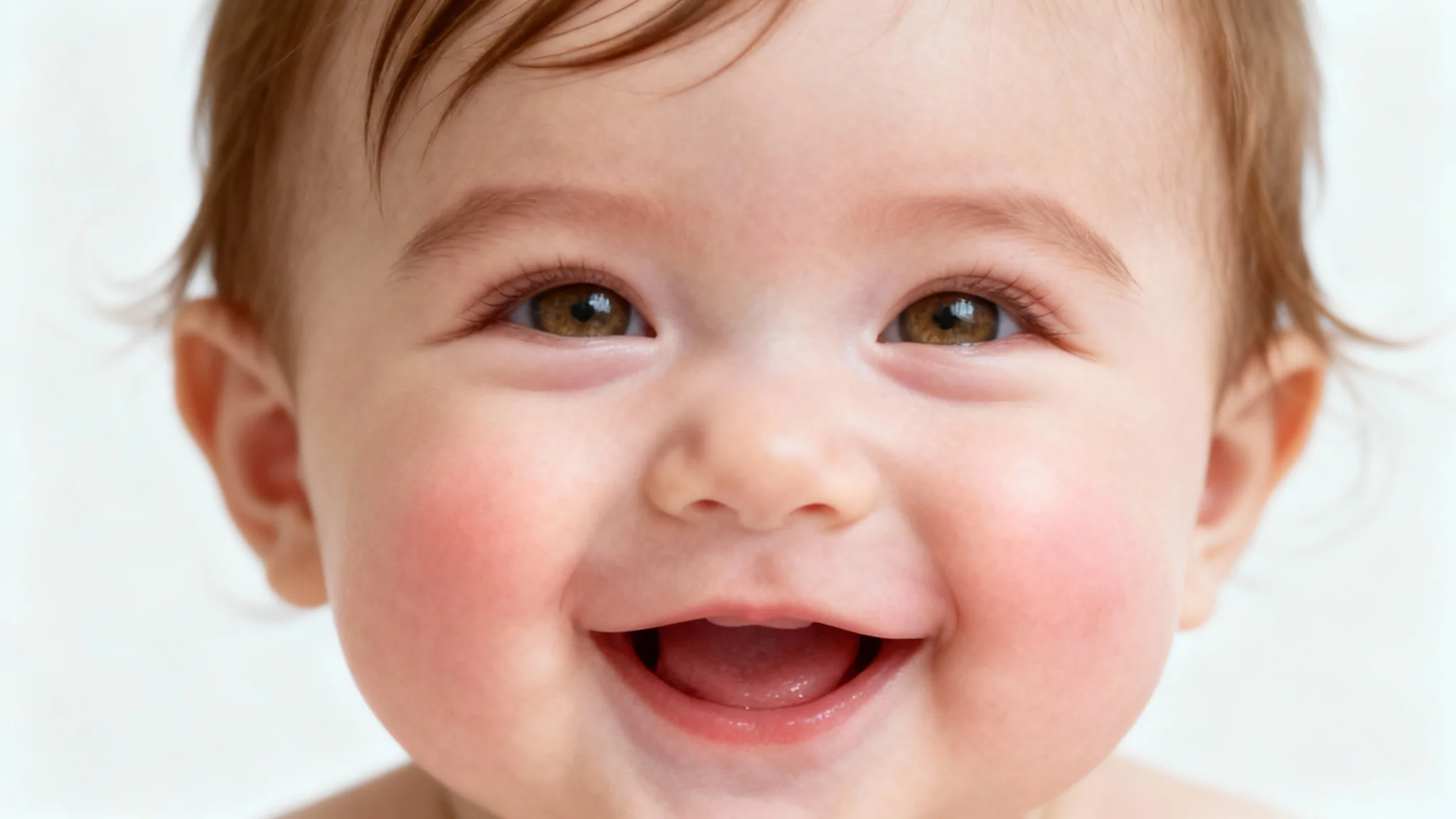 A photorealistic close-up portrait of a happy, smiling baby with big eyes and chubby cheeks, set against a clean white background.