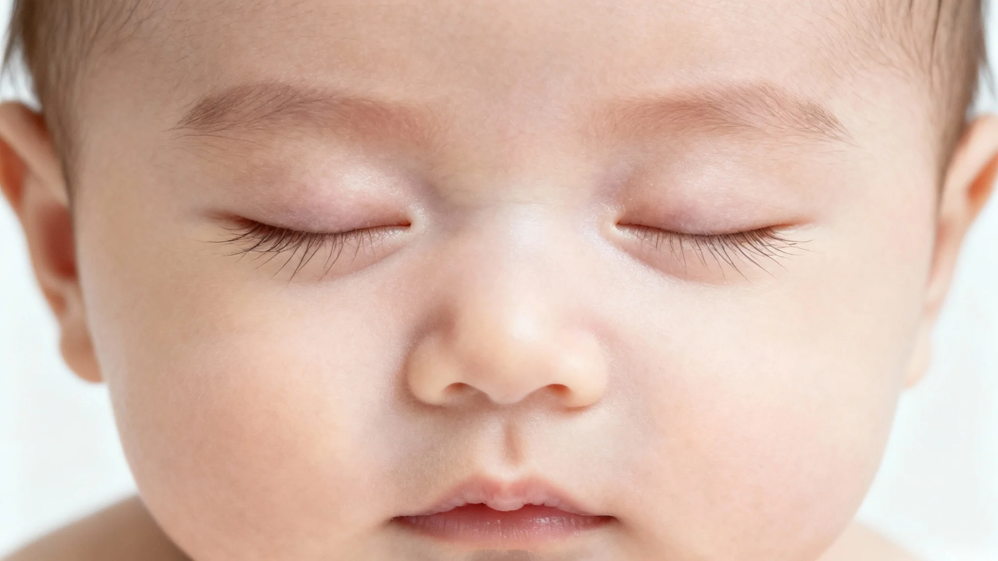 A hyper-realistic studio photograph of a beautiful newborn baby's face, sleeping peacefully against a solid white background, highlighting its delicate features.
