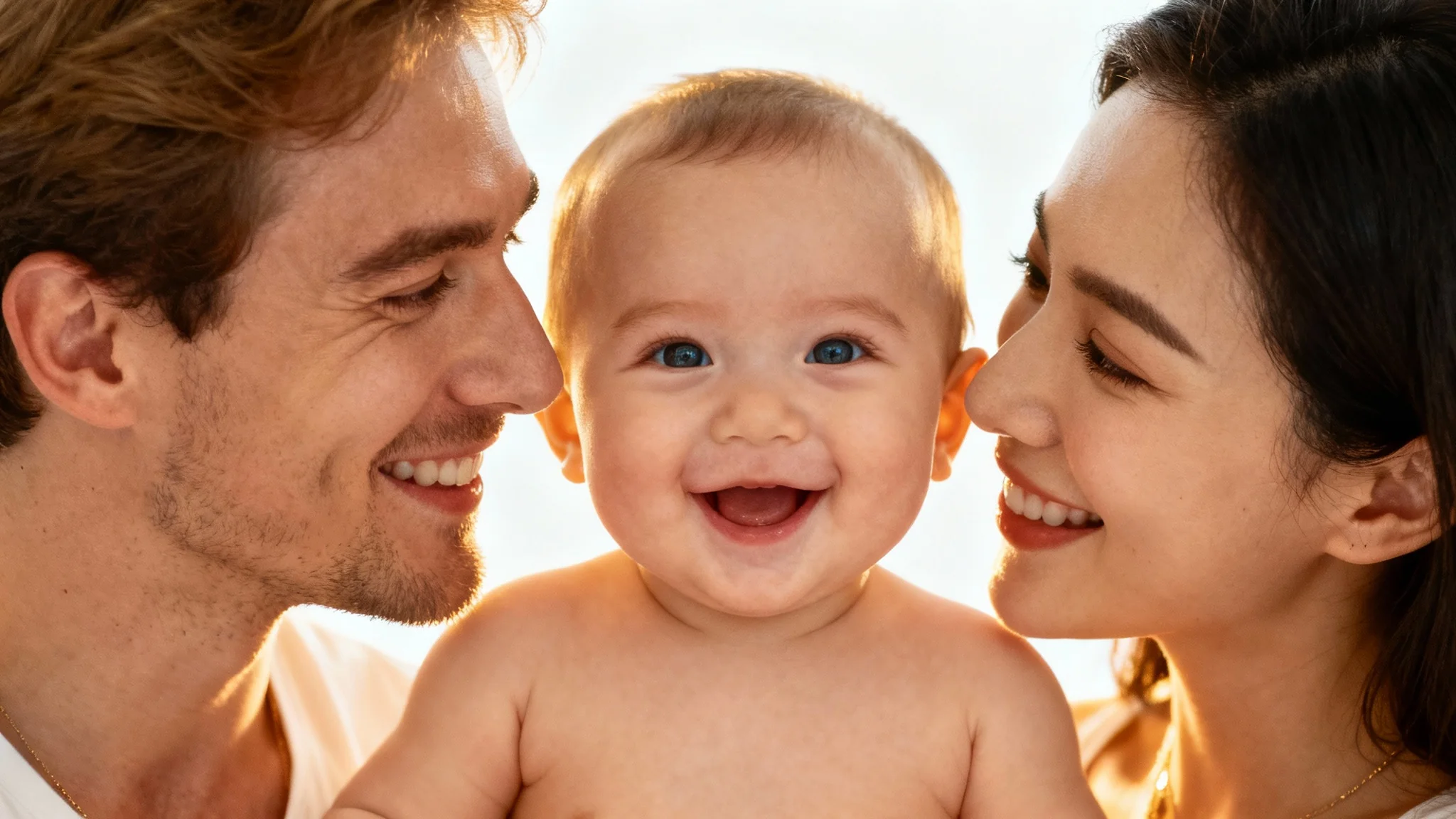 A heartwarming composite photo showing a smiling man and woman, with a cute baby's portrait between them, illustrating a baby generator concept.